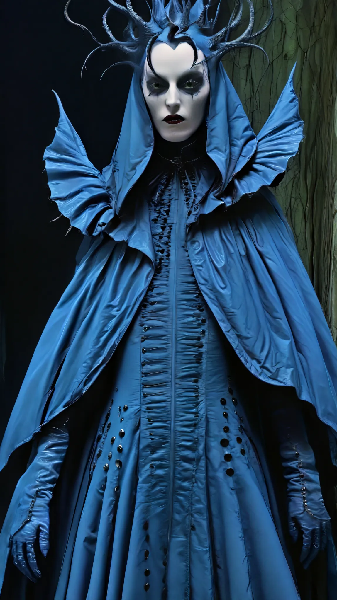 Tim Walker inspired, photography, trendy close up, leather fetish extreme sinister, whimsical settings, surreal elements, creative storytelling, vibrant colors, (detailed face:1.05), hyperrealistic, Photorealistic. Gothic