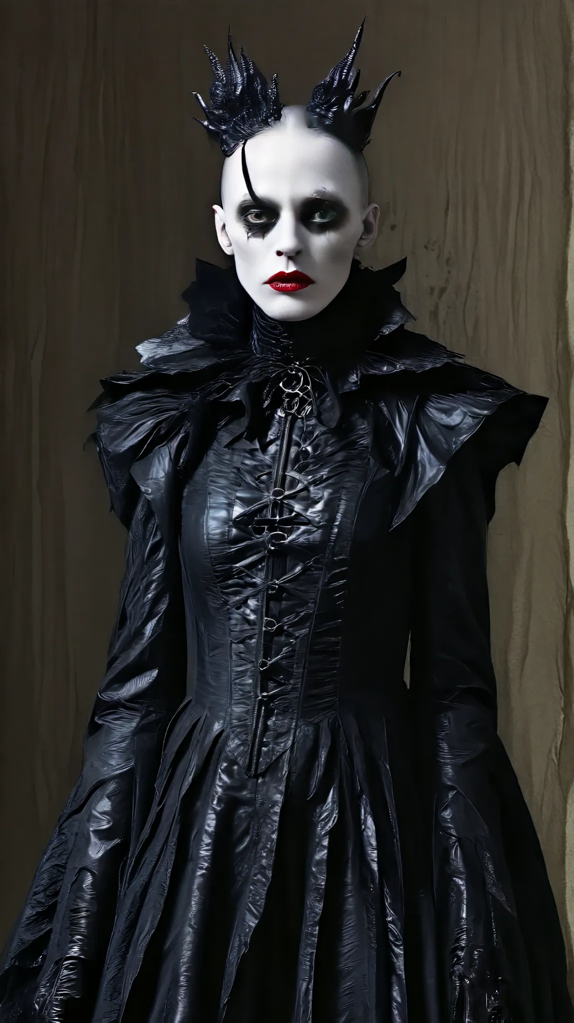 Tim Walker inspired, photography, trendy close up, leather fetish extreme sinister, whimsical settings, surreal elements, creative storytelling, vibrant colors, (detailed face:1.05), hyperrealistic, Photorealistic. Gothic