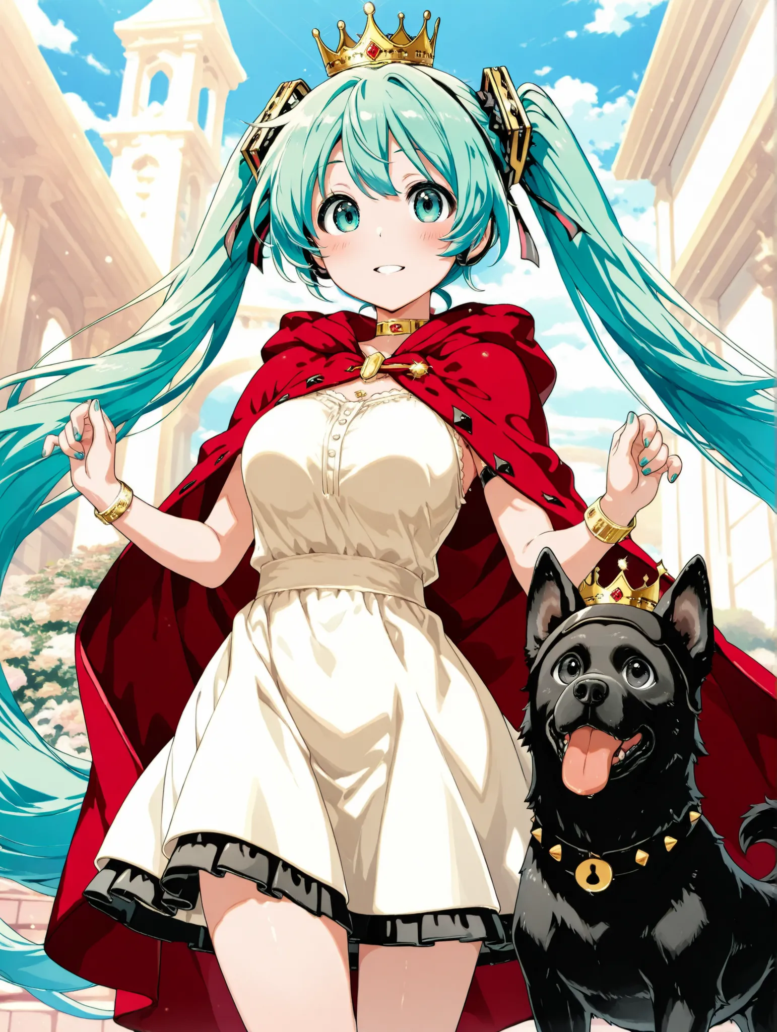 (masterpiece、Highest Quality、Highest Quality、Official Art、beautiful and beautiful:1.2)、[Hatsune Miku:(beautiful breasts、Light Green Twin Tails、wears a crown、Elegant dress)]、A girl is holding a dog、[black dog (Wear a crown and red cloak)]