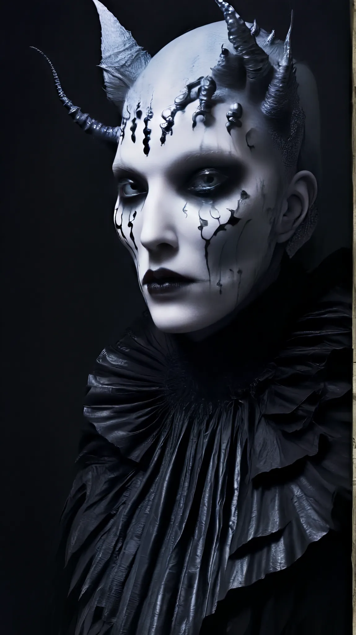 Tim Walker inspired, photography, trendy close up, leather fetish extreme sinister, whimsical settings, surreal elements, creative storytelling, vibrant colors, (detailed face:1.05), hyperrealistic, Photorealistic. Gothic