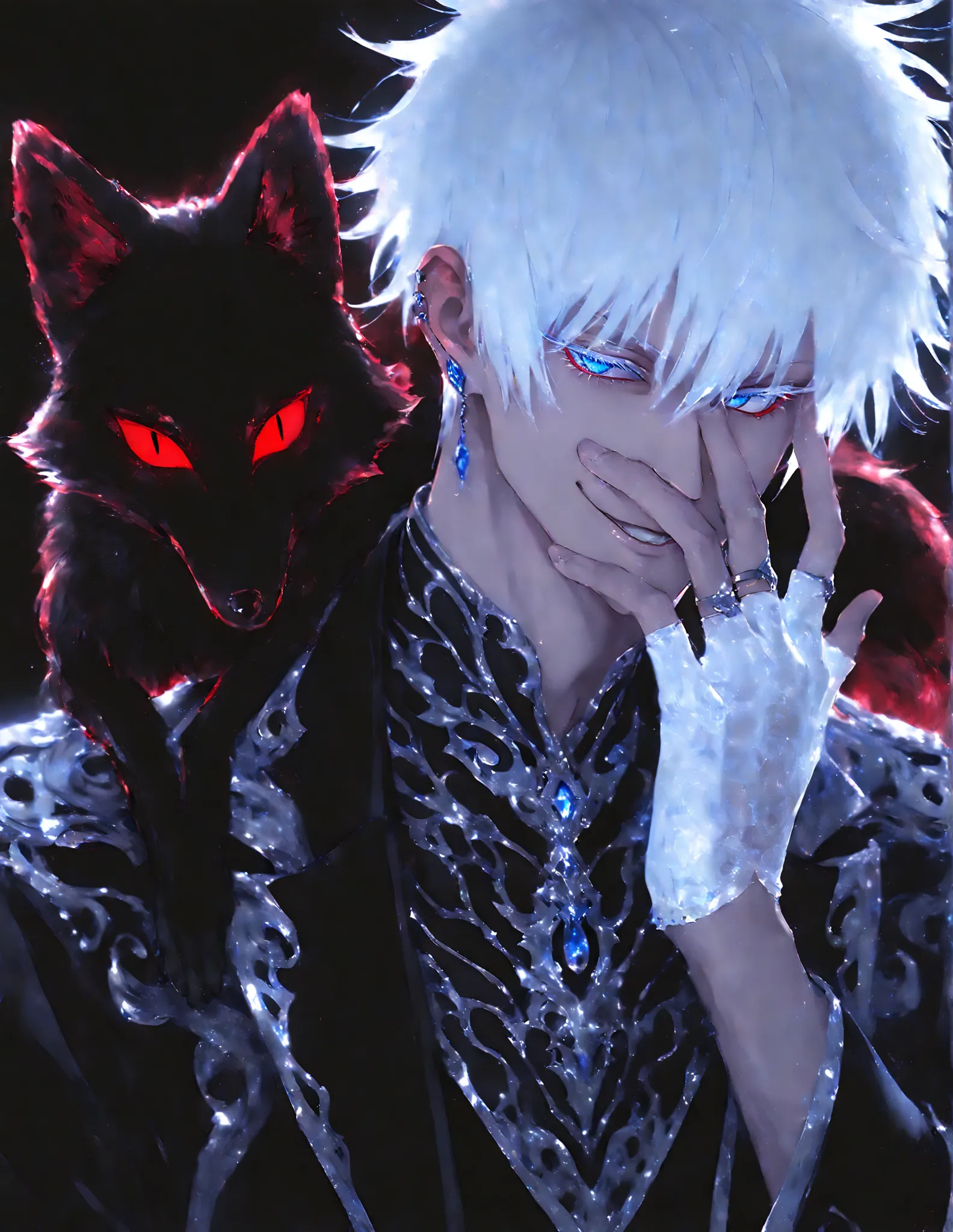 Anime Style, cinematic lighting, cinematic shadows, 1boy, male focus, gojou satoru, jujutsu kaisen, white hair, short hair, (hair between eyes), colored eyelashes, white eyelashes, (blue eyes:1.3), intricate eye iris, detailed eyes, sharp eyes, adult, muscular male, sexy man, handsome man, handsome face, mature, blue earrings, ear piercings, ring, multiple rings, white leather gloves, fingerless gloves, half gloves, solo, portrait, (hand over face), villain aesthetic, evil, villainous, smirk, dynamic shadows, (a black fox with red eyes on his shoulder:1.5), male cool clothes, cool fashion, intricate clothes, intricate accessories, intricate patterns, cool, stylish, alternate costume, black gloves, black coat, shirt, white pants, dark atmosphere, simple background, black background, red and blue theme, black theme, Abstract_Marble, abstract, pattern, abstract_pattern, marble_pattern,