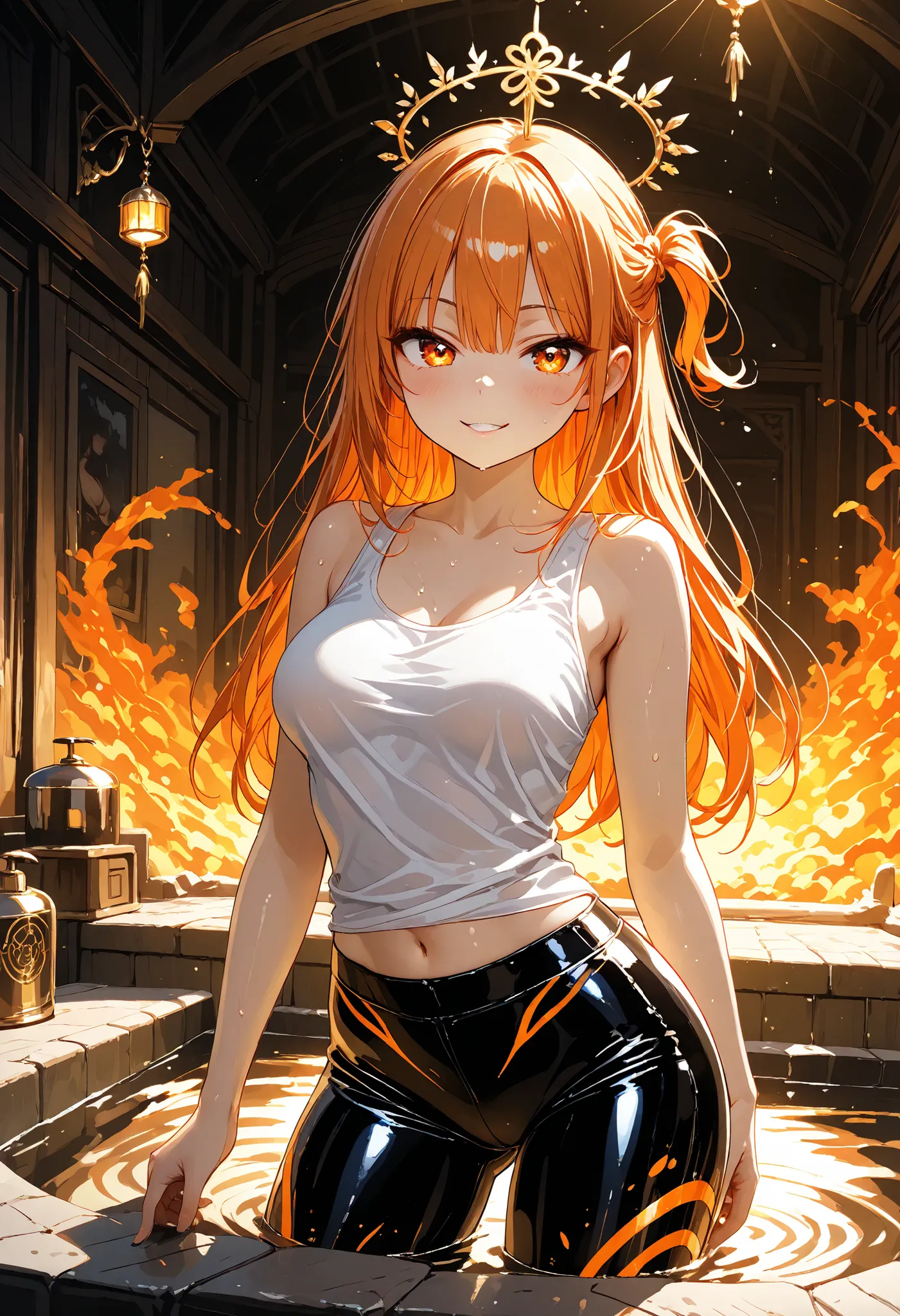 master piece,best quality,Ultra detailed
BEAUTIFUL WOMAN, Orange Shiny Silky Fluffy Half Up, seductive spark eye , Obscene Beautiful Expression, Obscene amazing physique, Chest, Wearing a Large, Relaxed White Tank Top, 7 COLOR METALLIC LATEX TRUNK PANTS.
...