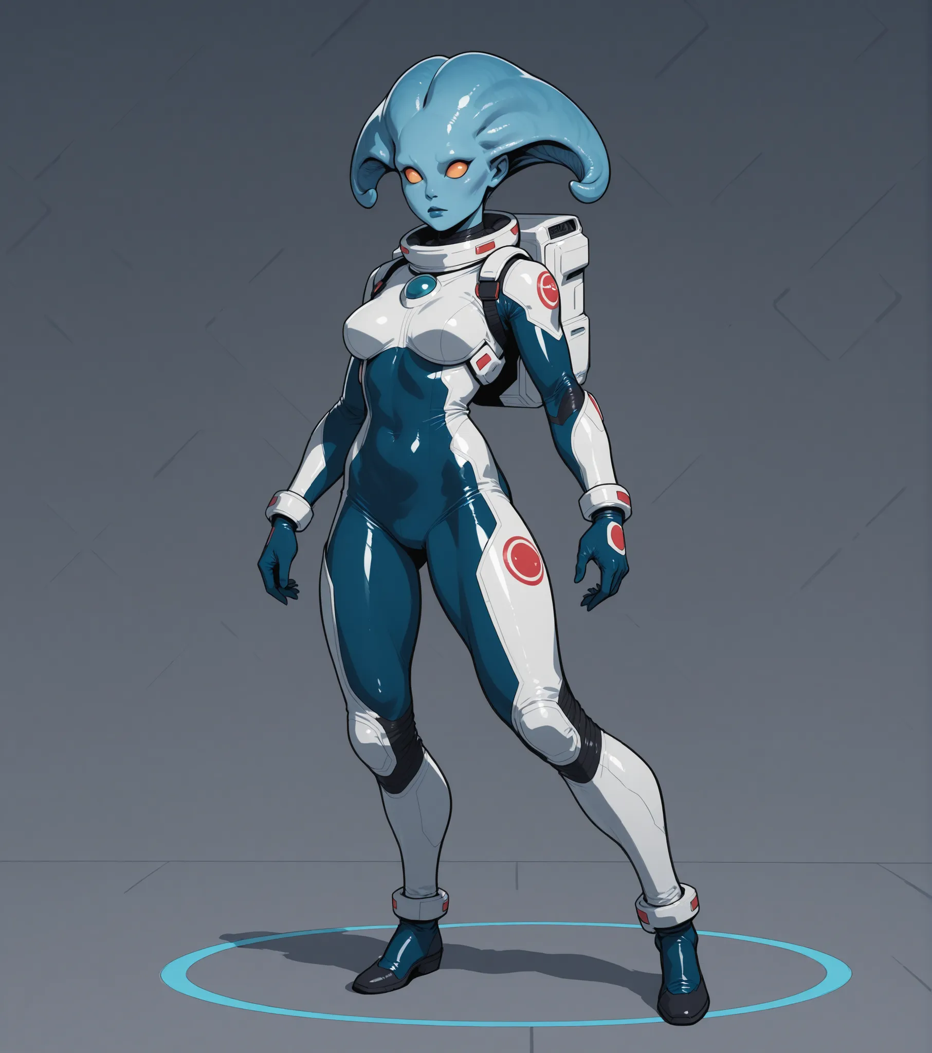 Full body alien woman with blue skin, big forehead, no ears, no eyebrows, no lashes, alien eyes, no nosenosdrils, skin appendage hair, recurved legs, in spandex spacesuit, spaceship laboratory background