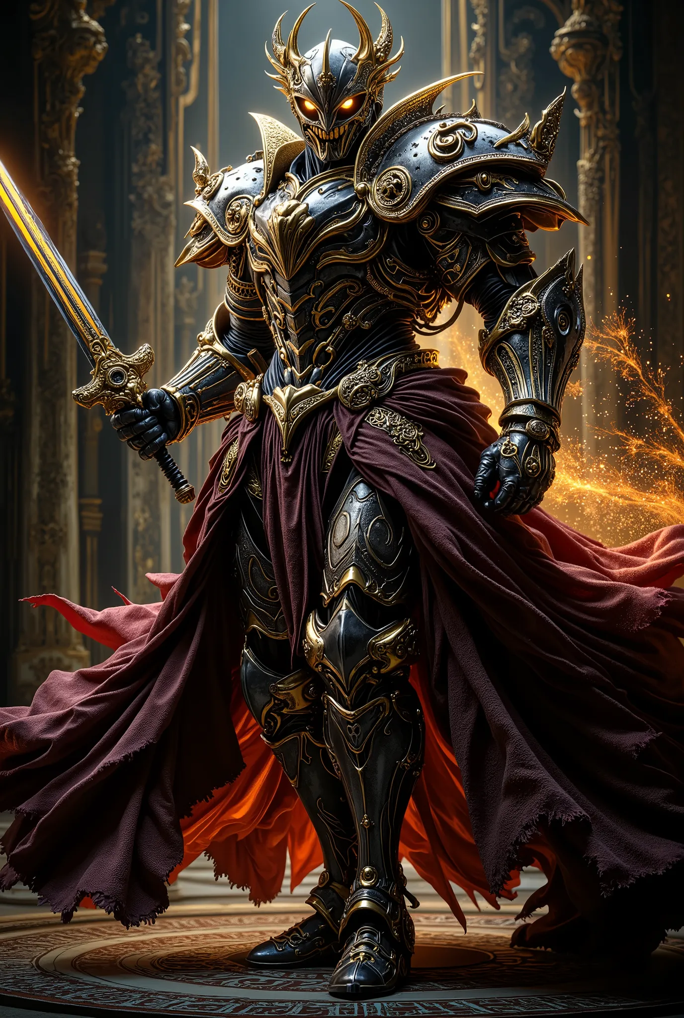 2. **lights, BAROQUE duelist**
* **STYLE INCARNATION:** baroque (drama, high-contrast light/shadow, movement, ornate detail, emotion ).
* **description:** Этот воин воплощает в себе dramaтическое действие. He wears an ornate, the swirling ...