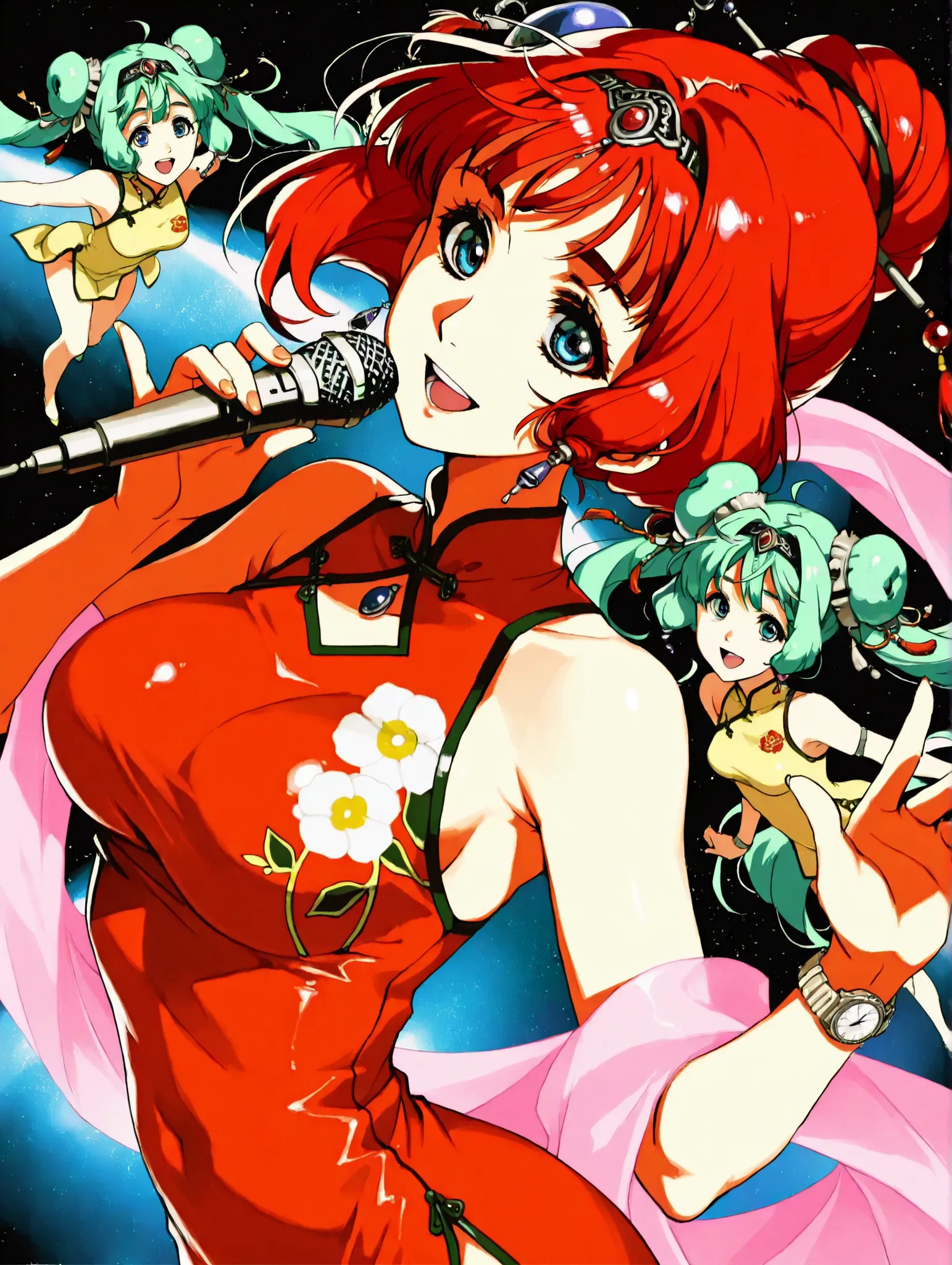 (masterpiece、Highest Quality、Highest Quality、Official Art、beautiful and beautiful:1.2)、Hatsune Miku、beautiful breasts、Light green bun hair、beautiful breasts, watch viewers, smile, ((Ling Min Mei of Macross)),red china dress、open your mouth, blue eyes, , mi...