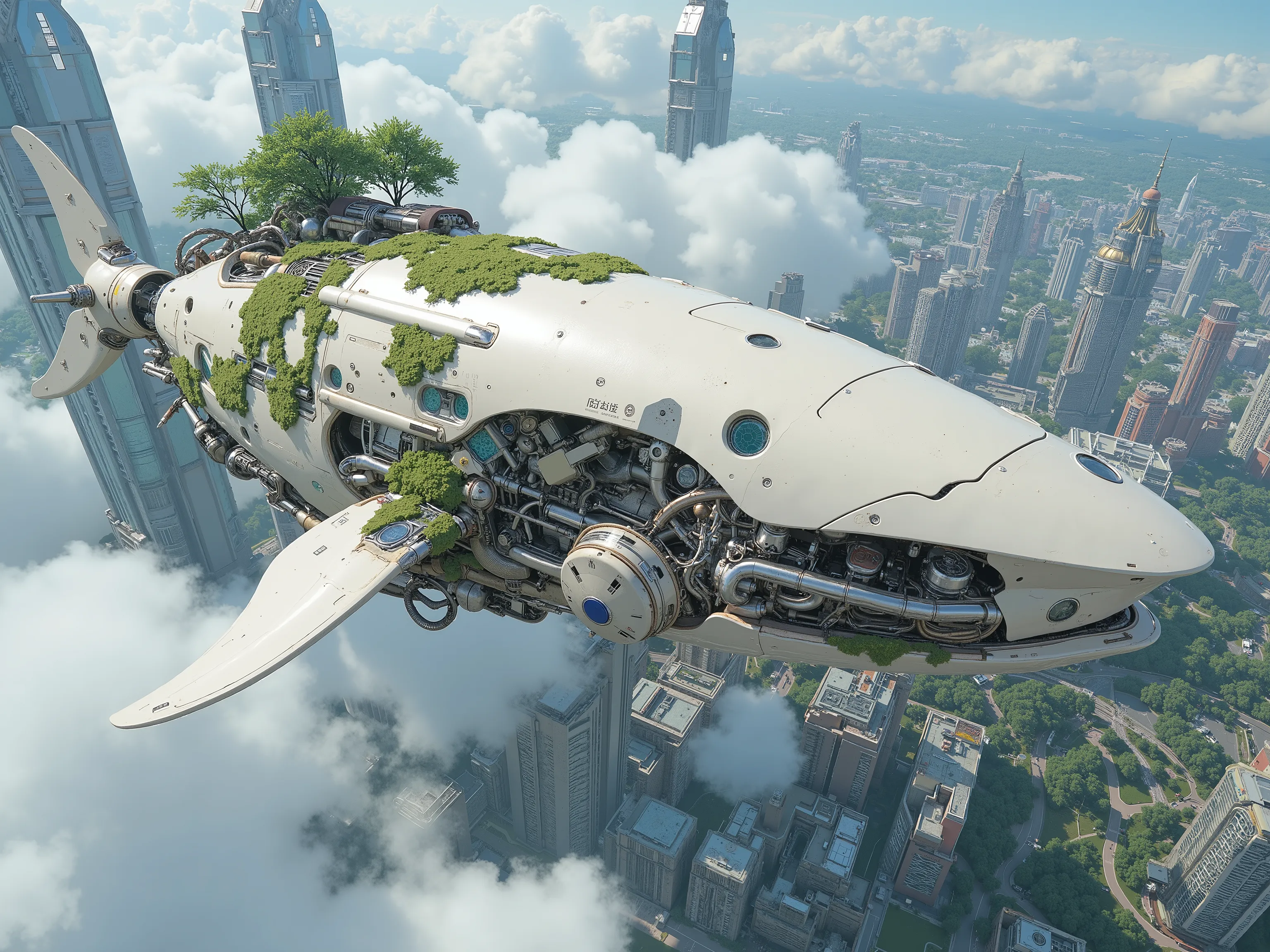 (masterpiece:1.3, top quality:1.3, detailed description:1.3, high quality:1.3),(1huge Robot whale\pearl white Metal body with large fins,highly detailed mechanic gears , Beautiful luster, beautiful metal details, precision machinery, moss growing, There ar...