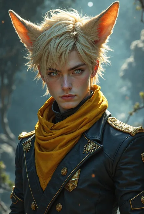A handsome boy, close-up of a man holding a sword and a sword, blonde hair, a yellow triangle scarf around his neck, a black military uniform, shaggy fox ears (especially large), inspired by Yang Jin, moon-themed costume, astral witch costume, blue-gold pu...