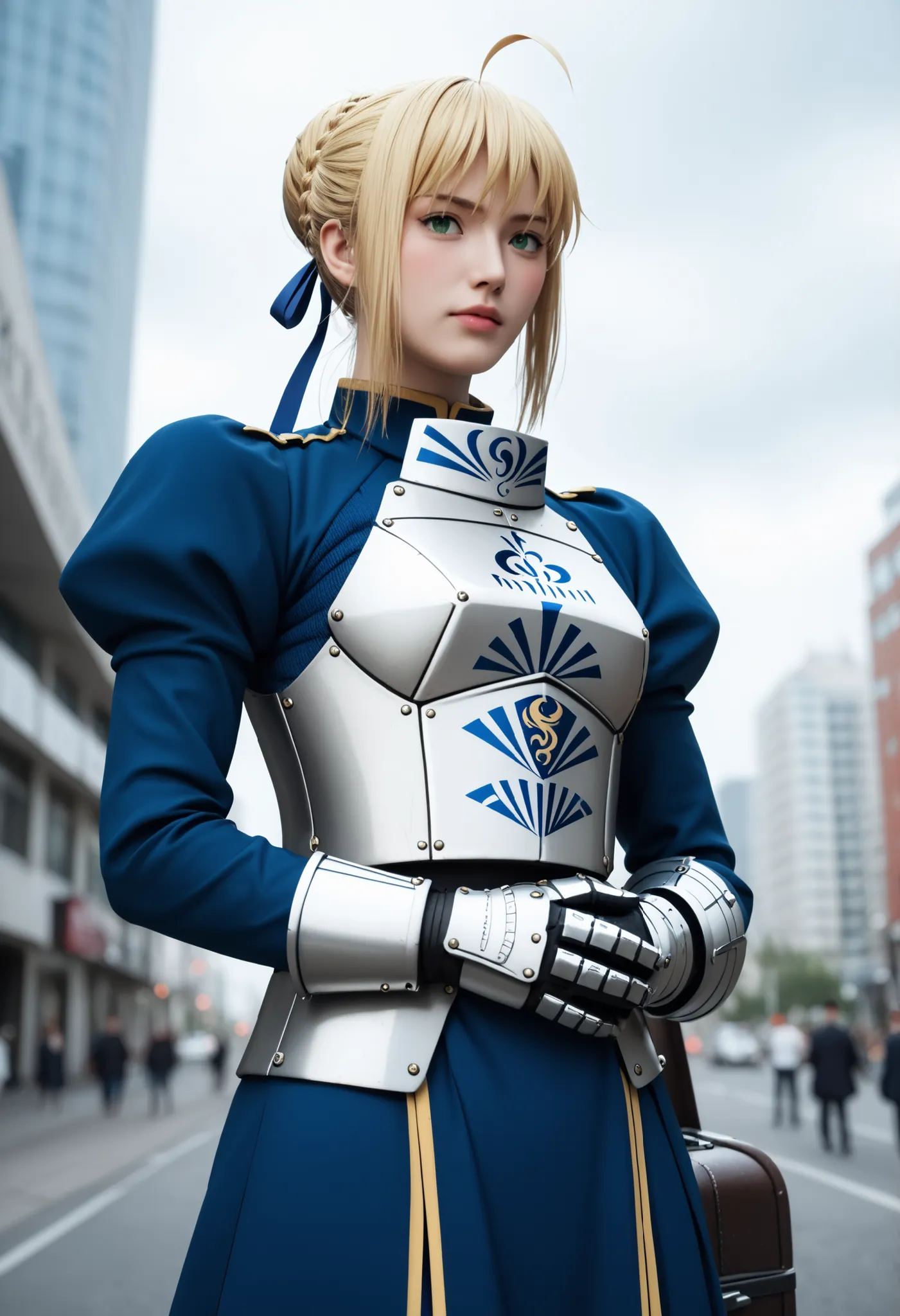 8k ultra hd, photorealistic, hyperdetailed, 3d rendered,  masterpiece, puan_9, puan_8_ up , puan_7_ up ,   Arthur Pendragon, artoria pendragon (Fate ), sword, blonde, green eyes, ahoge,  yan kilitleri ,  hair bun , single  hair bun ,   knit  , french   kni...