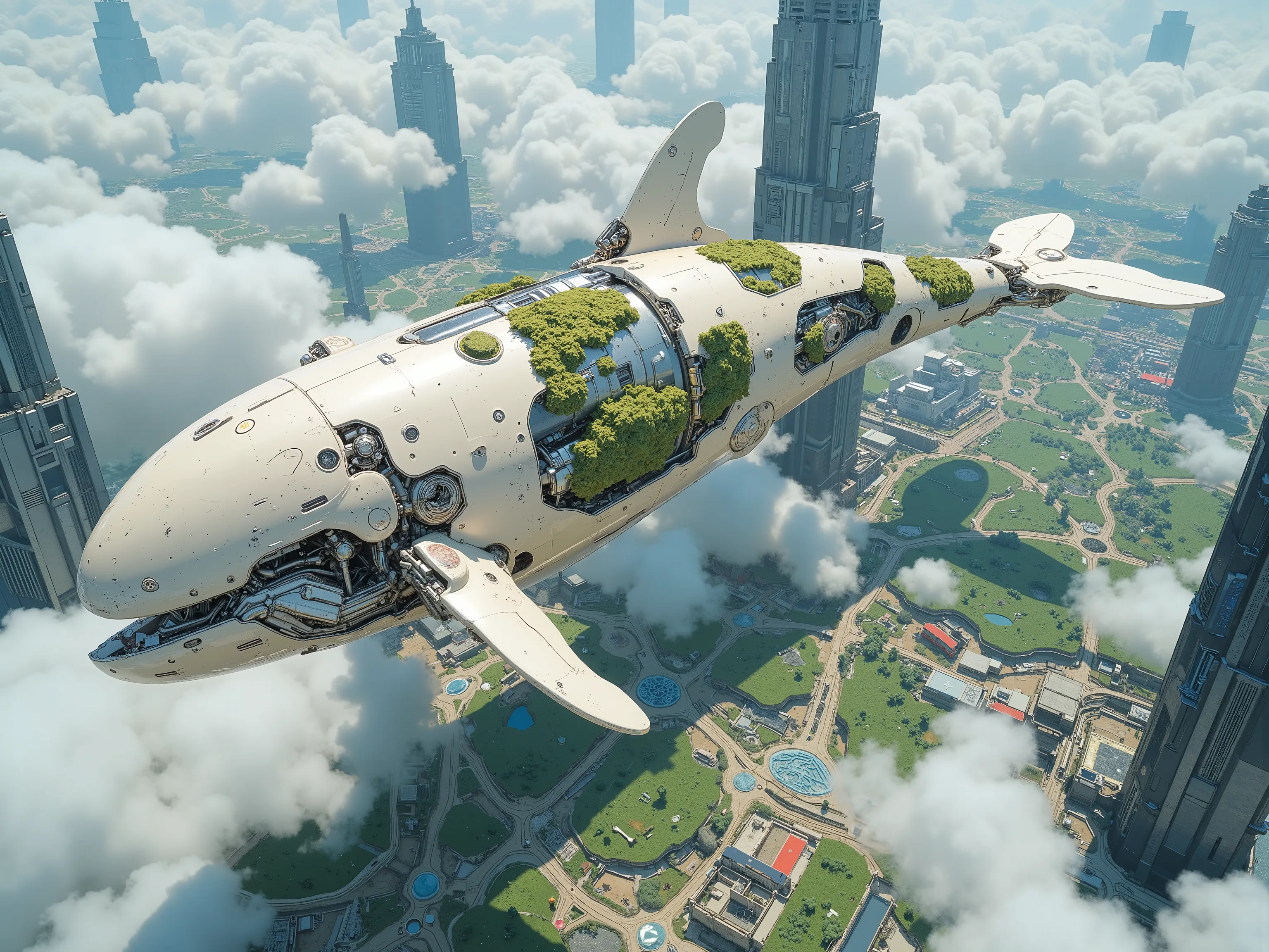 (masterpiece:1.3, top quality:1.3, detailed description:1.3, high quality:1.3),(1huge Robot whale\pearl white Metal body with large fins,highly detailed mechanic gears , Beautiful luster, beautiful metal details, precision machinery, moss growing, There ar...
