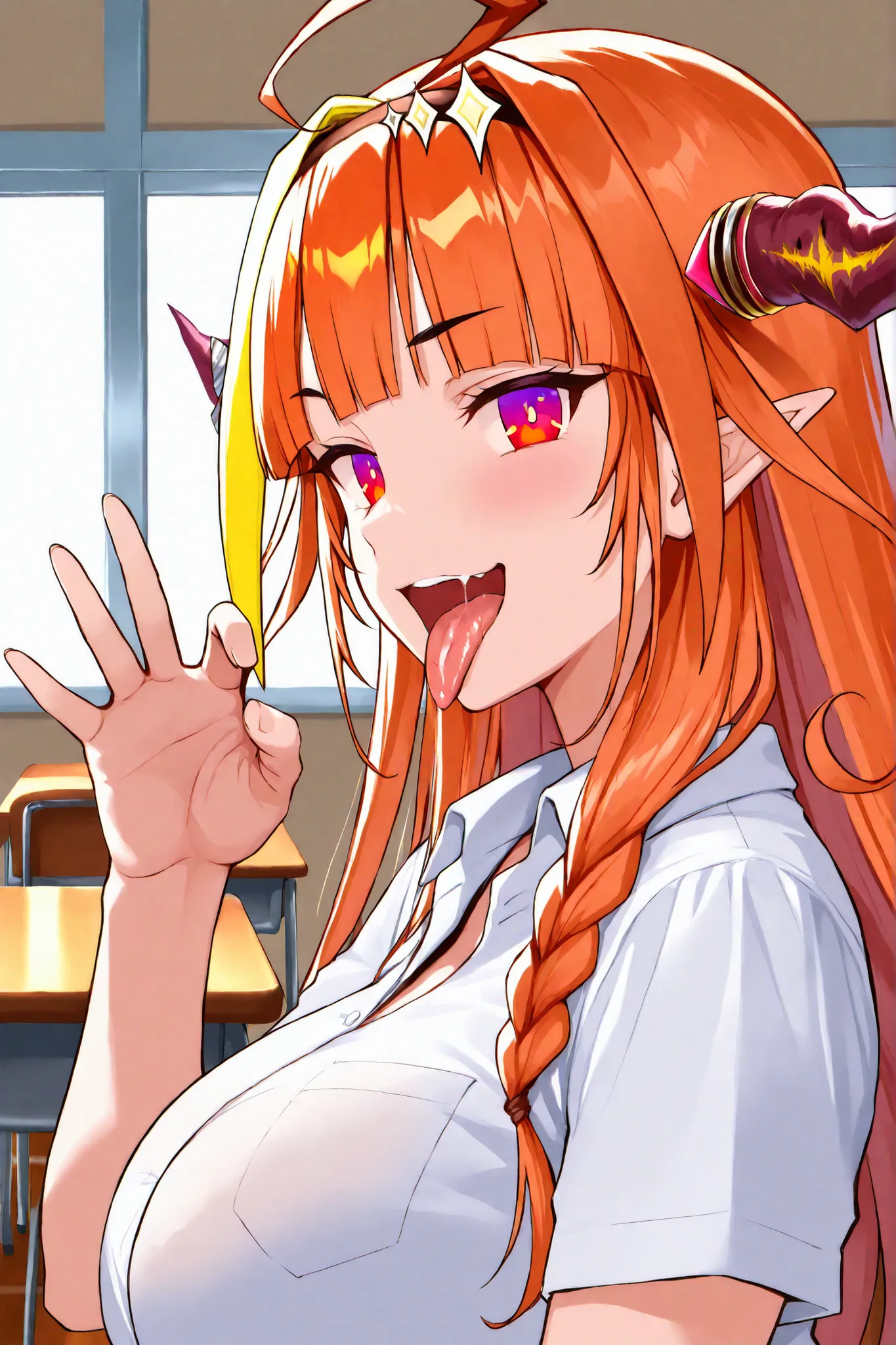 kiryu_coco, fellatiogesturefromside6135, fellatio gesture, from side, tongue out, open mouth,smile ,school room,looking at viewer,high  quality,high detailed,masterpiece
