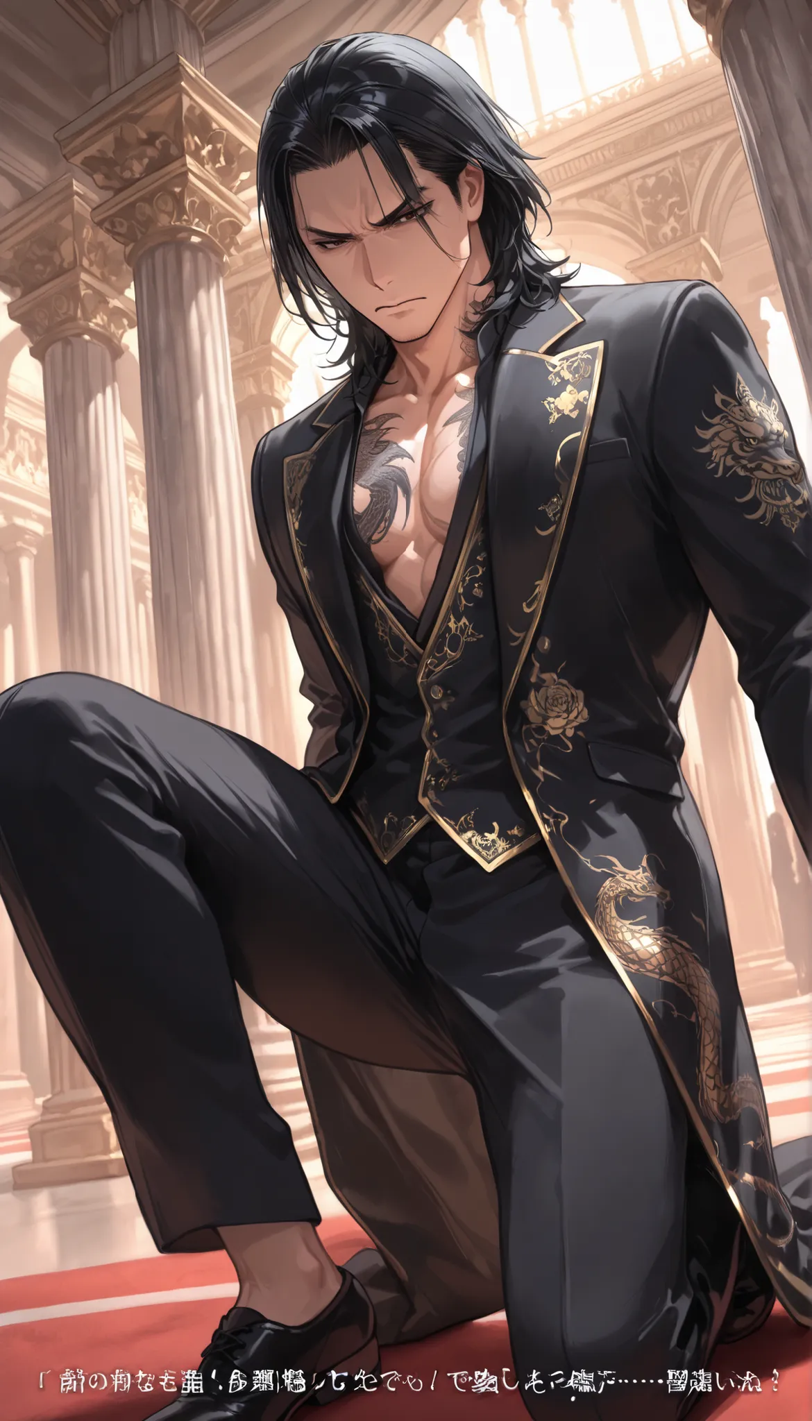 background, palace, pillar, indoor, yakuza boy, serious face, black hair, medium hair, black royal clothes, black pants, chest, handsome, dragon tattoo, talking, kneel on one leg, close view
