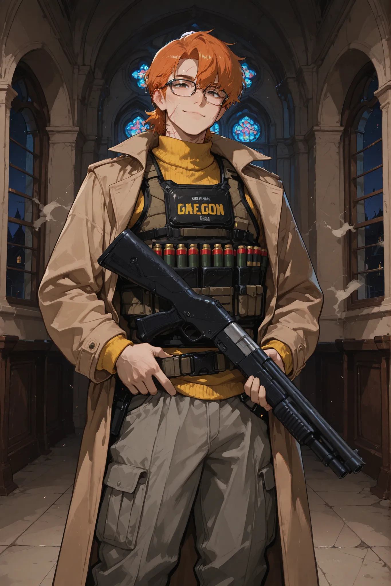 masterpiece, best quality, amazing quality, niji style, hyper-detailed, 1boy, trench coat, indoors, church, gothic architecture, (night), double doors behind back, closed mouth, hazel eyes, orange hair, mullet, short hair, (brown coat), long sleeves, black...
