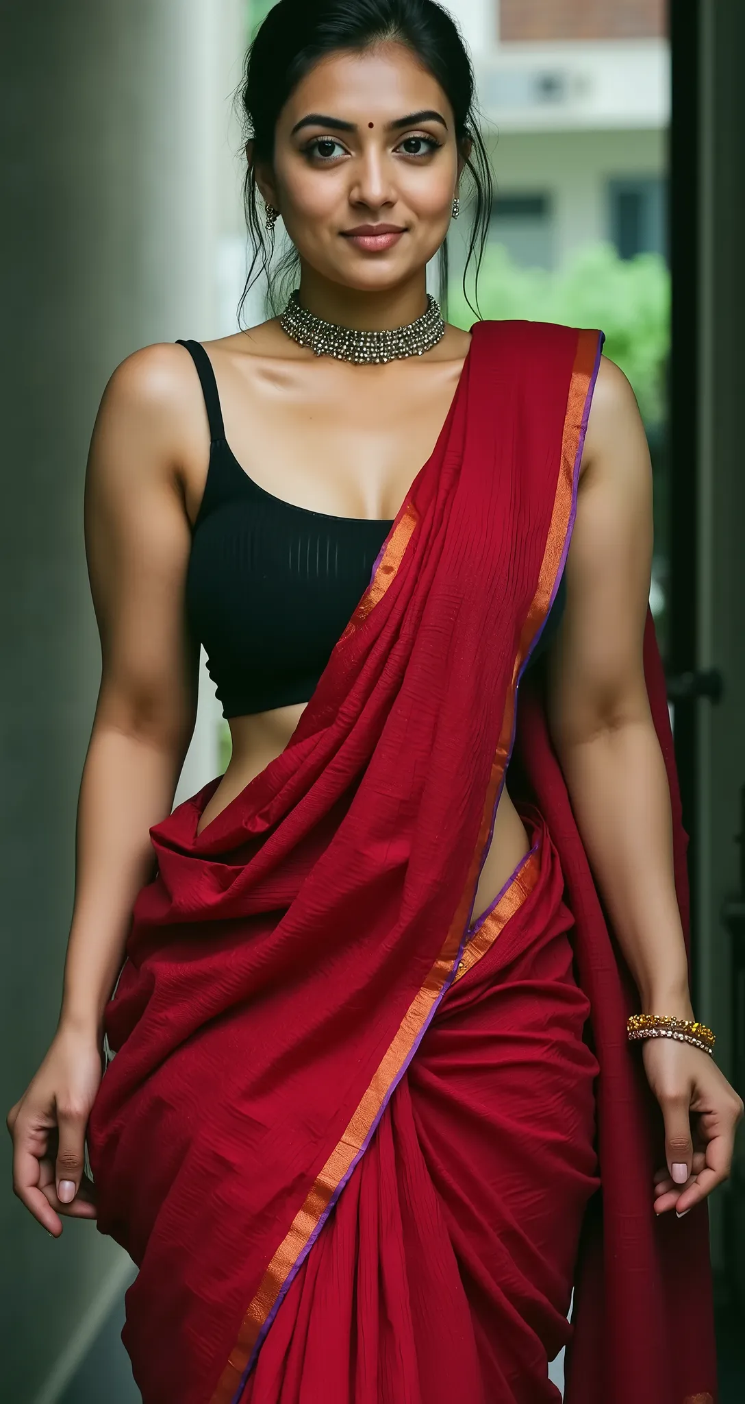 A slim 30-year-old Indian woman with an average bust, low hips, and a toned, voluptuous figure dances sensually in the rain. She wears a tight, black sleeveless strapless blouse and a soaked, semi-transparent red saree, half-draped to reveal her flat stoma...