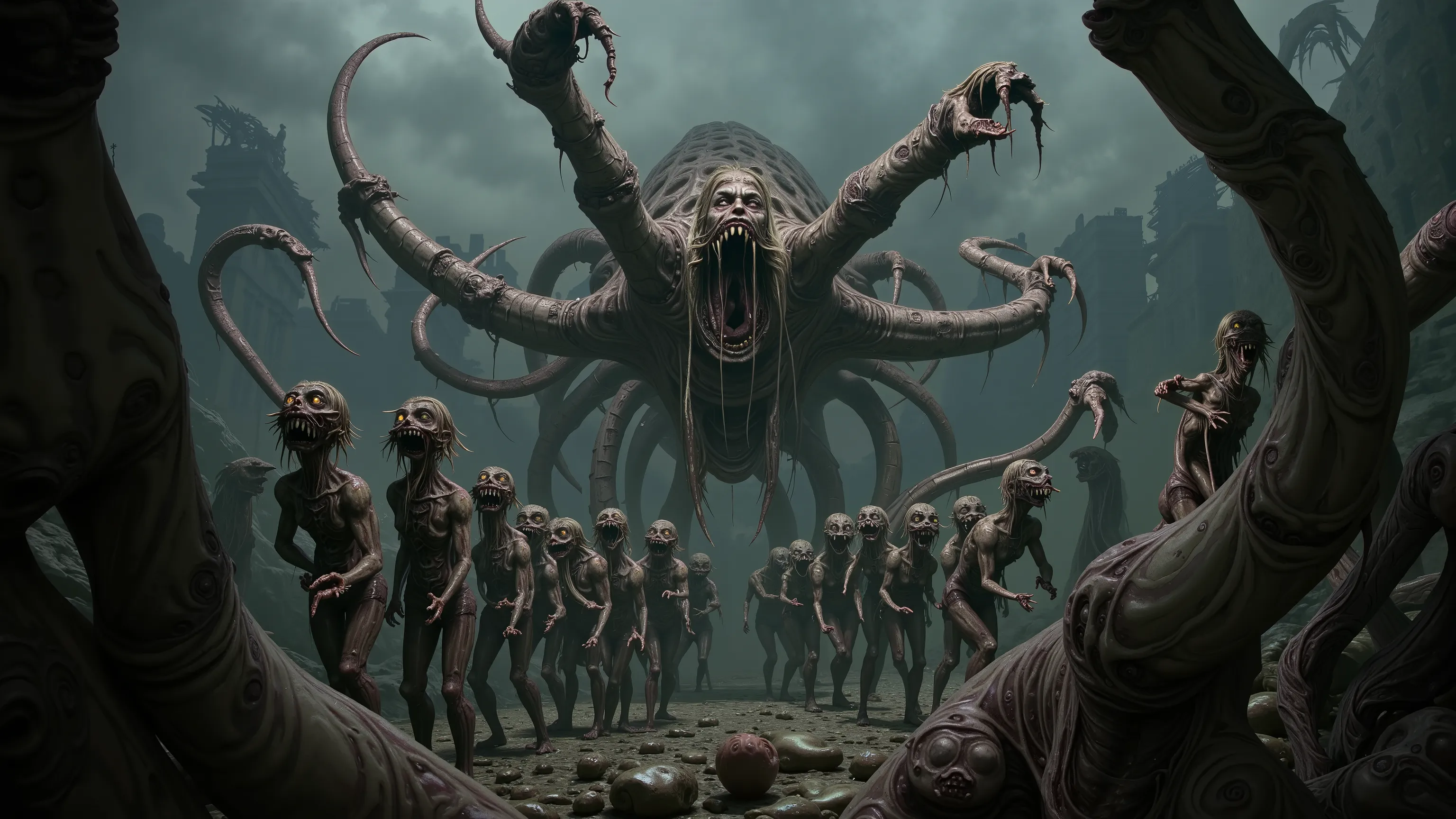 ruin city, old city, wreakage, shadow, mystical creature, legion of creatures, swarm, glowing eyes, a lot of teeth, tentacles, zombie-like creature, decompose, no legs, slither, very long tail