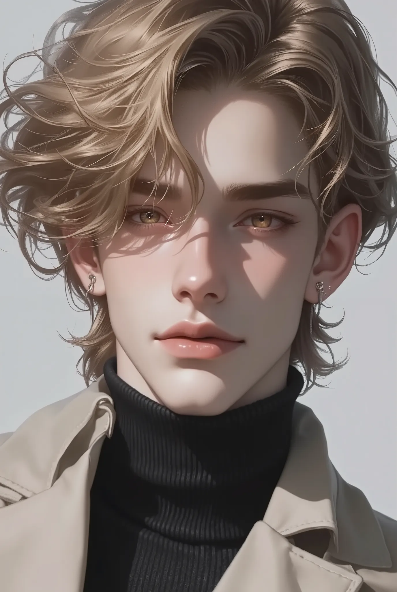 Boy, blonde brown hair, hazel eyes, sharp features, white skin, light pink lips, handsome, perfect, elegant, wearing a sweater, formal jacket, clear colors, high resolution.