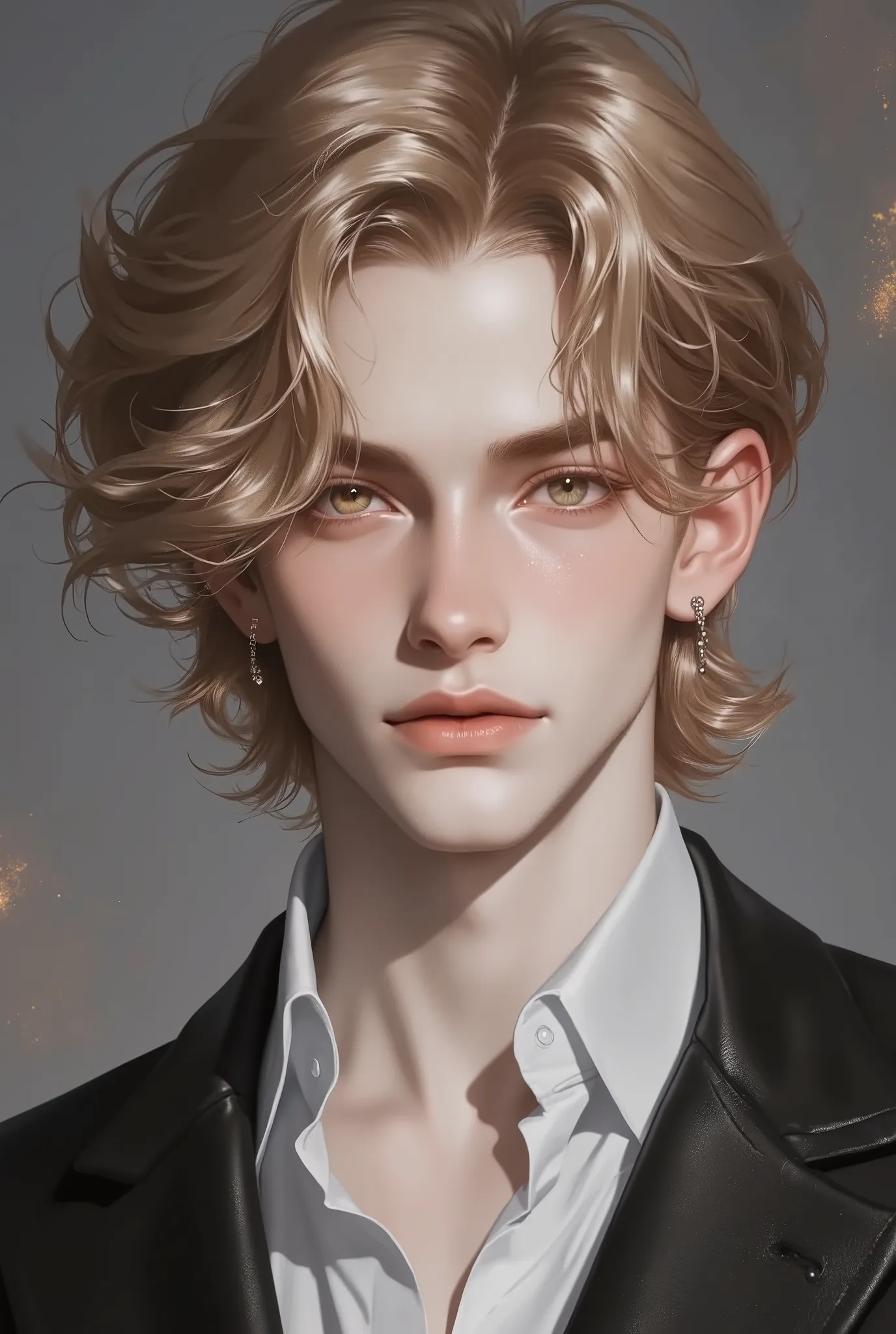 Boy, blonde brown hair, hazel eyes, sharp features, white skin, light pink lips, handsome, perfect, elegant, wearing a sweater, formal jacket, clear colors, high resolution.