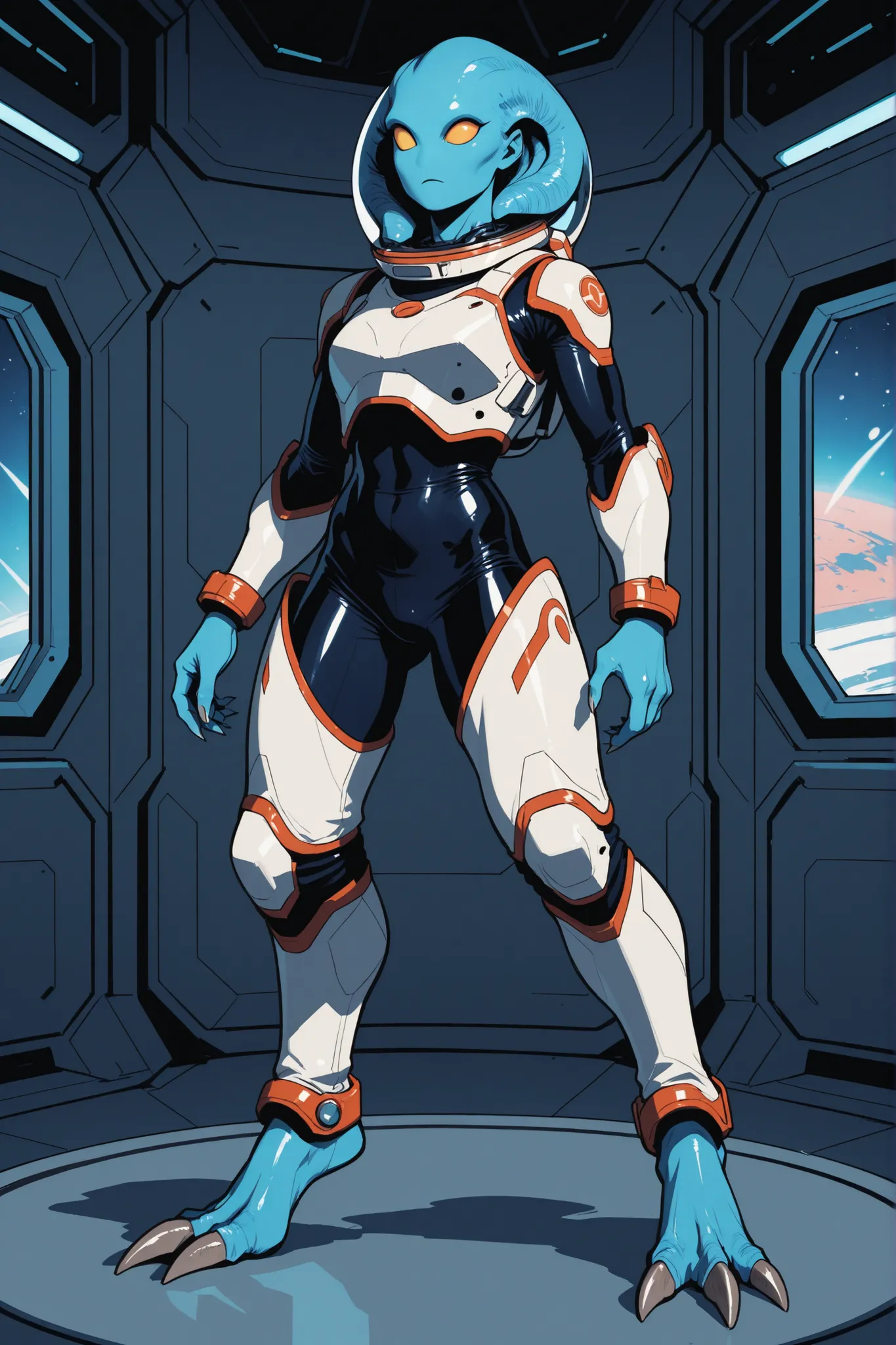 Full body alien woman with blue skin, big forehead, no ears, no eyebrows, no lashes, alien eyes, no nose, skin appendage hair, recurved legs with claws, in spandex spacesuit, with breastplate, spaceship laboratory background