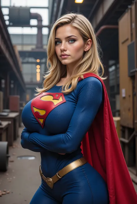 A SEXY BLONDE GIRL,19 YEARS OLD BLUE EYES AS SUPERGIRL WORKING IN A STEEL MILL. WEARING A FORM FITTING 1980 SPANDEX BLUE SUPERGIRL CCOSTUME WITH THE ICONIC RED AND YELLOW "S" EMBLEM STRETCHING ACROSS HER CHEST AND A LONG RED SPANDEX CAPE.