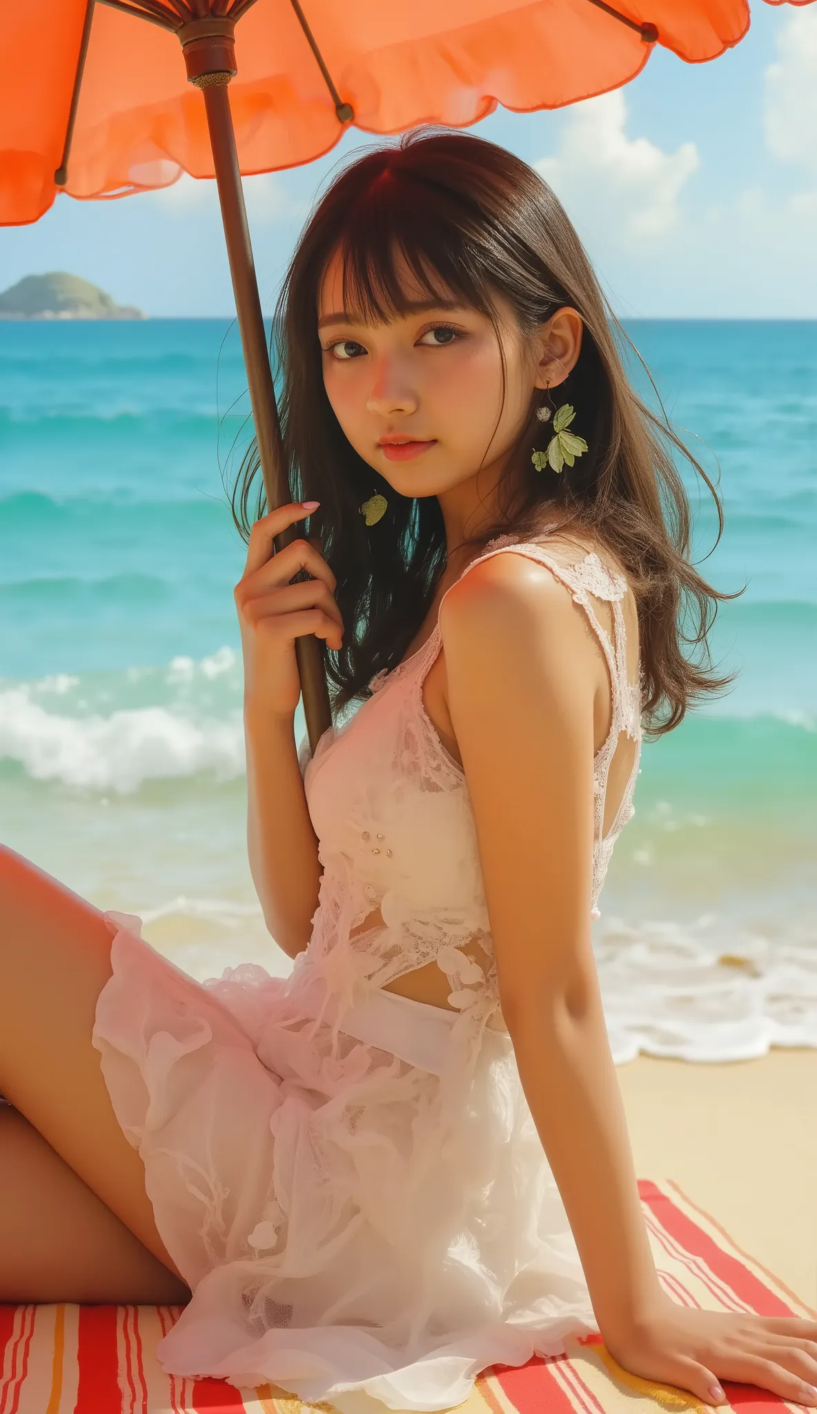 masterpiece,best quality,bright colors,solo,photo_,(1girls:1.3),(sitting:1.3),(looking at viewer:1.4),Elegant,detailed gorgeous face,(cowboy shot:1.1),realistic,(seaside background:1.3),,dress,thigh fasciculus,leaf,,