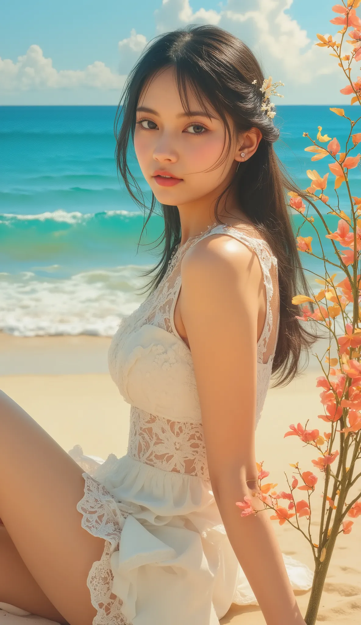 masterpiece,best quality,bright colors,solo,photo_,(1girls:1.3),(sitting:1.3),(looking at viewer:1.4),Elegant,detailed gorgeous face,(cowboy shot:1.1),realistic,(seaside background:1.3),,dress,thigh fasciculus,leaf,,
