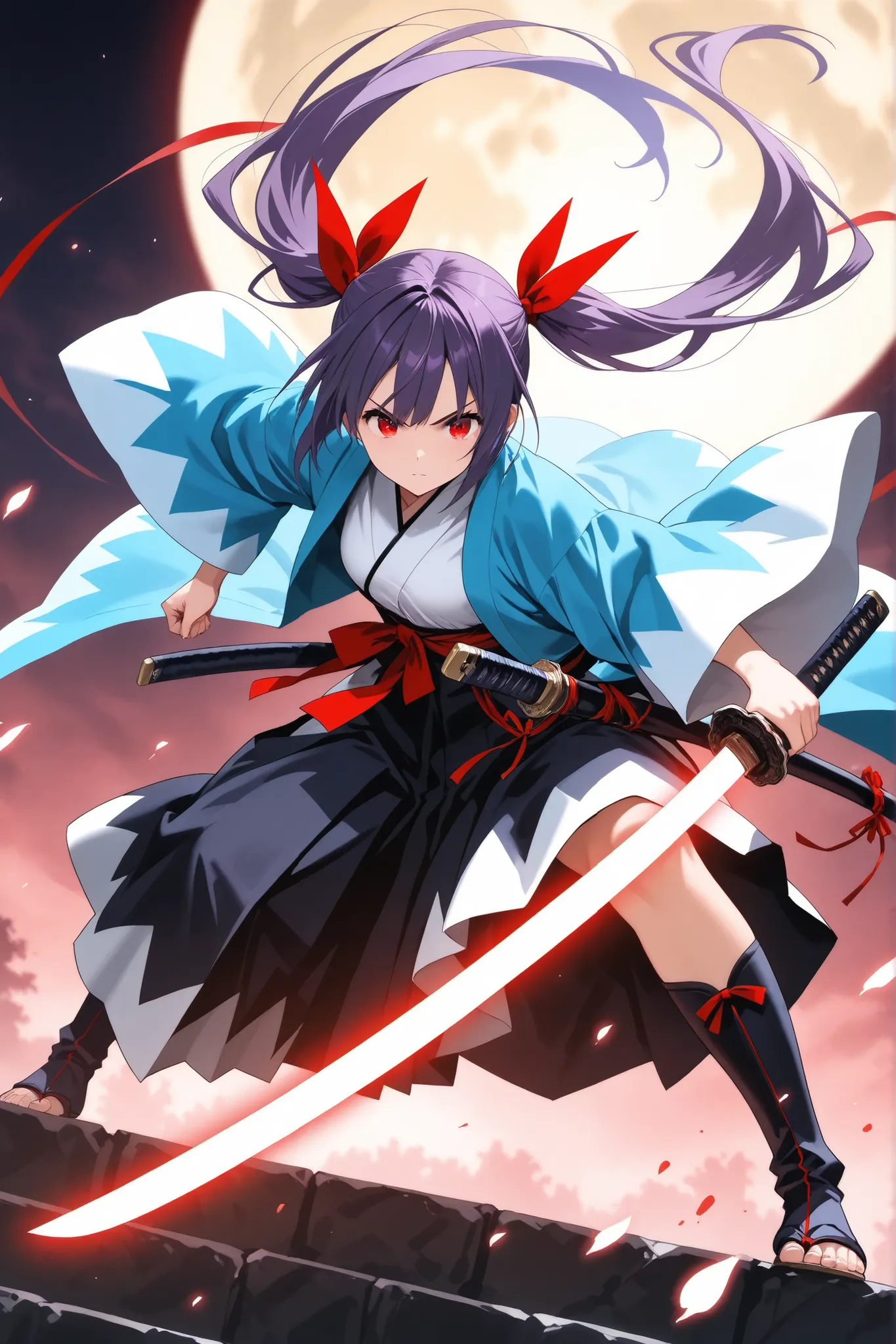 ultra-detailed,8K,illustration,CG,1 cute girl, purple hair,red eyes , twin tails,red ribbon,Shinsengumi clothing
, glowing weapon,fighting stance,Japanese sword,full moon