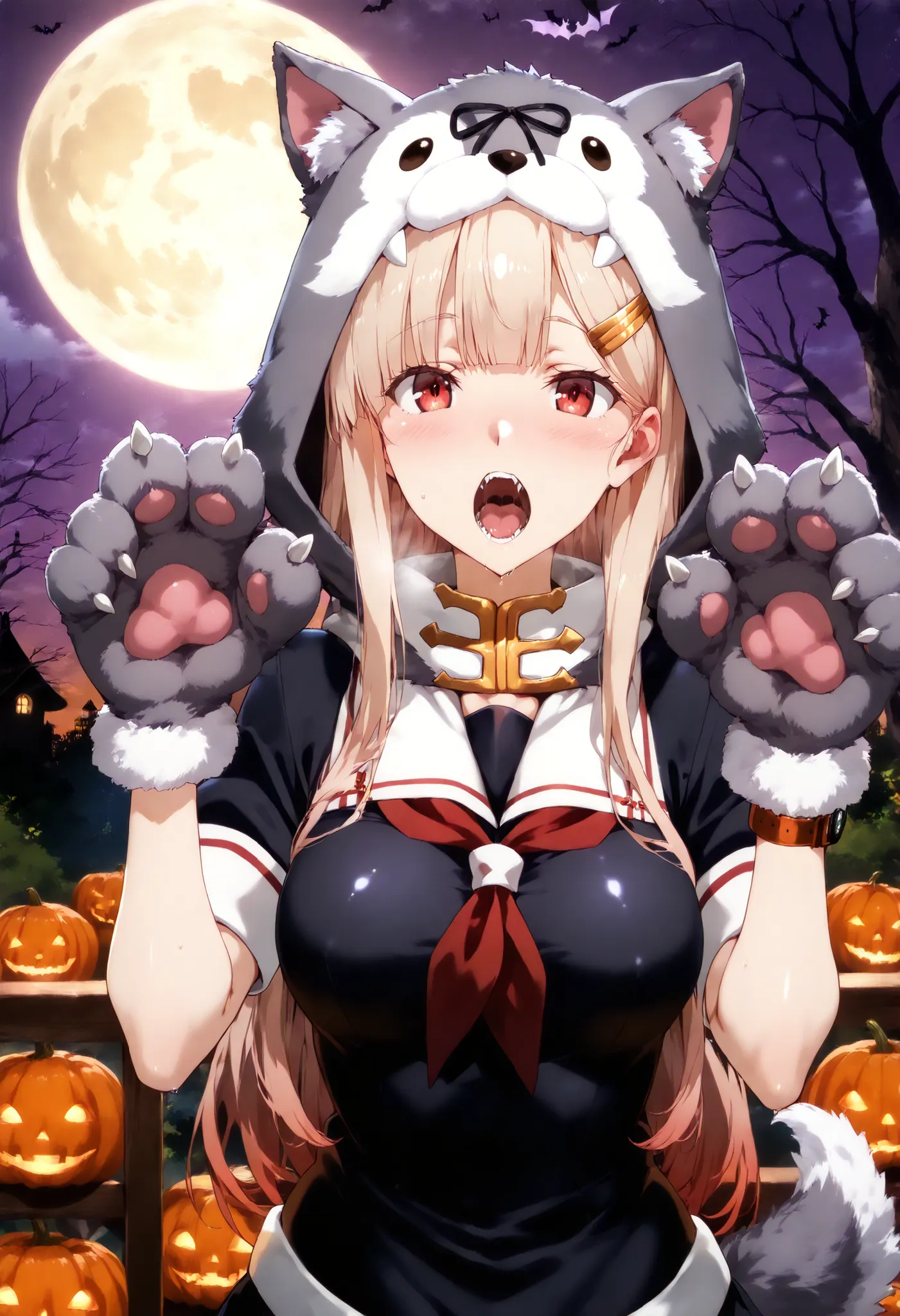 Yuudachi \(kancolle\),
1 girl, solo, cowboy shot,
(Halloween:1.4), full moon, Paw Paws ,watch viewers, portrait, (upper_body:1.2),
Meek, open your mouth,
Poi 3, long hair, Animal Hands, Yutachi Kaiji \(KanColle\), black skirt, red neckerchiefs only, bla...