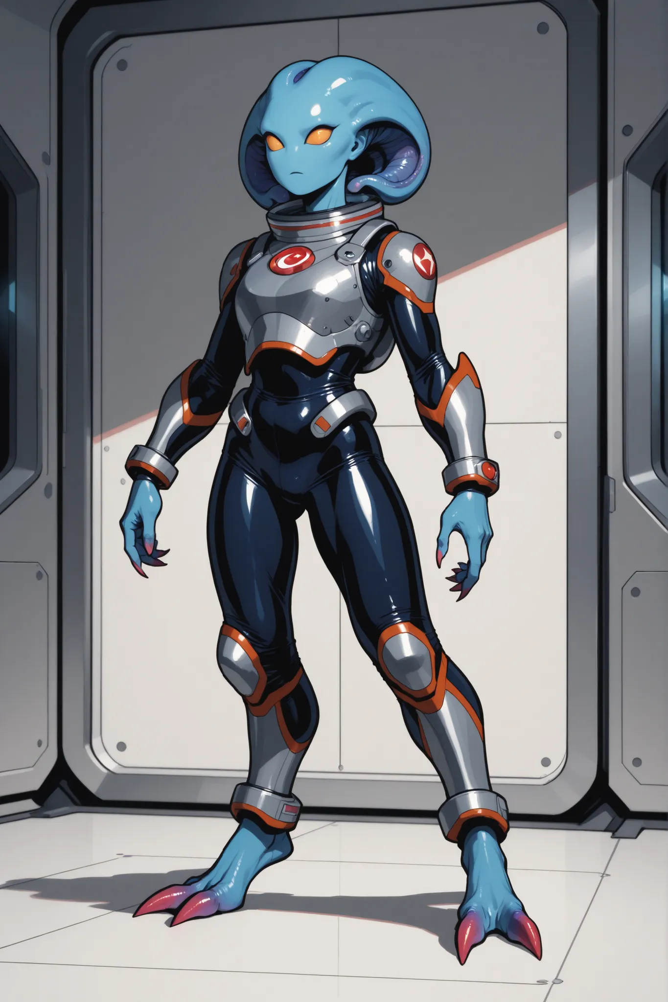 Full body alien woman with blue skin, big forehead, no ears, no eyebrows, no lashes, alien eyes, no nose, skin appendage hair, recurved legs with claws, in spandex spacesuit, with breastplate, spaceship laboratory background