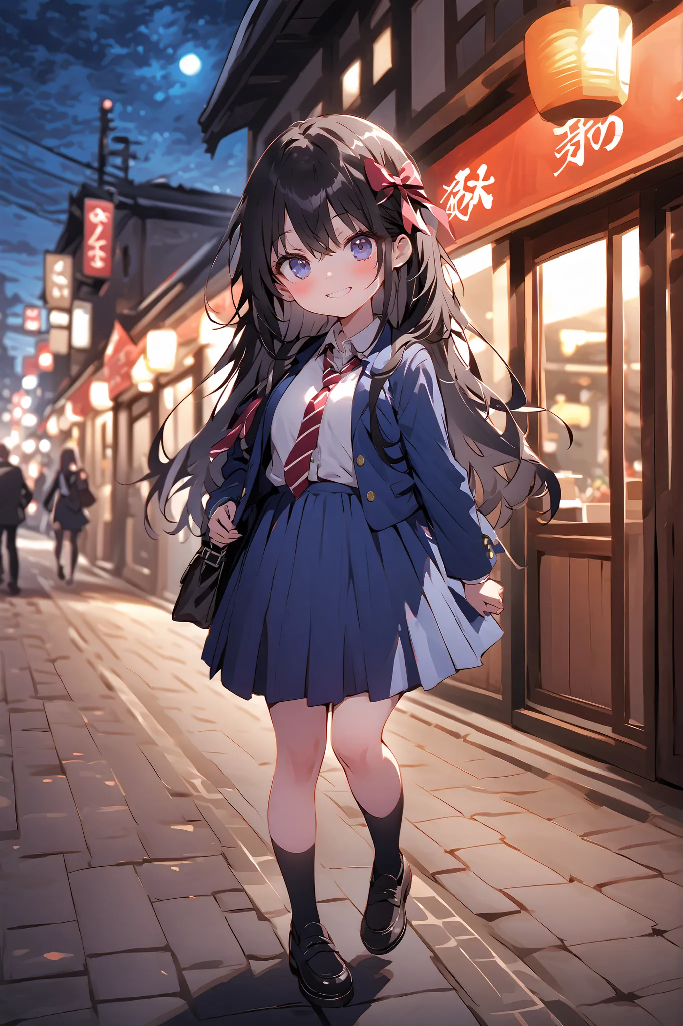 one girl、restaurant、 night view、dating、uniform、black hair、long hair、ribbon on head、(elementary school student)、ren、smile、full body image、face up with ties