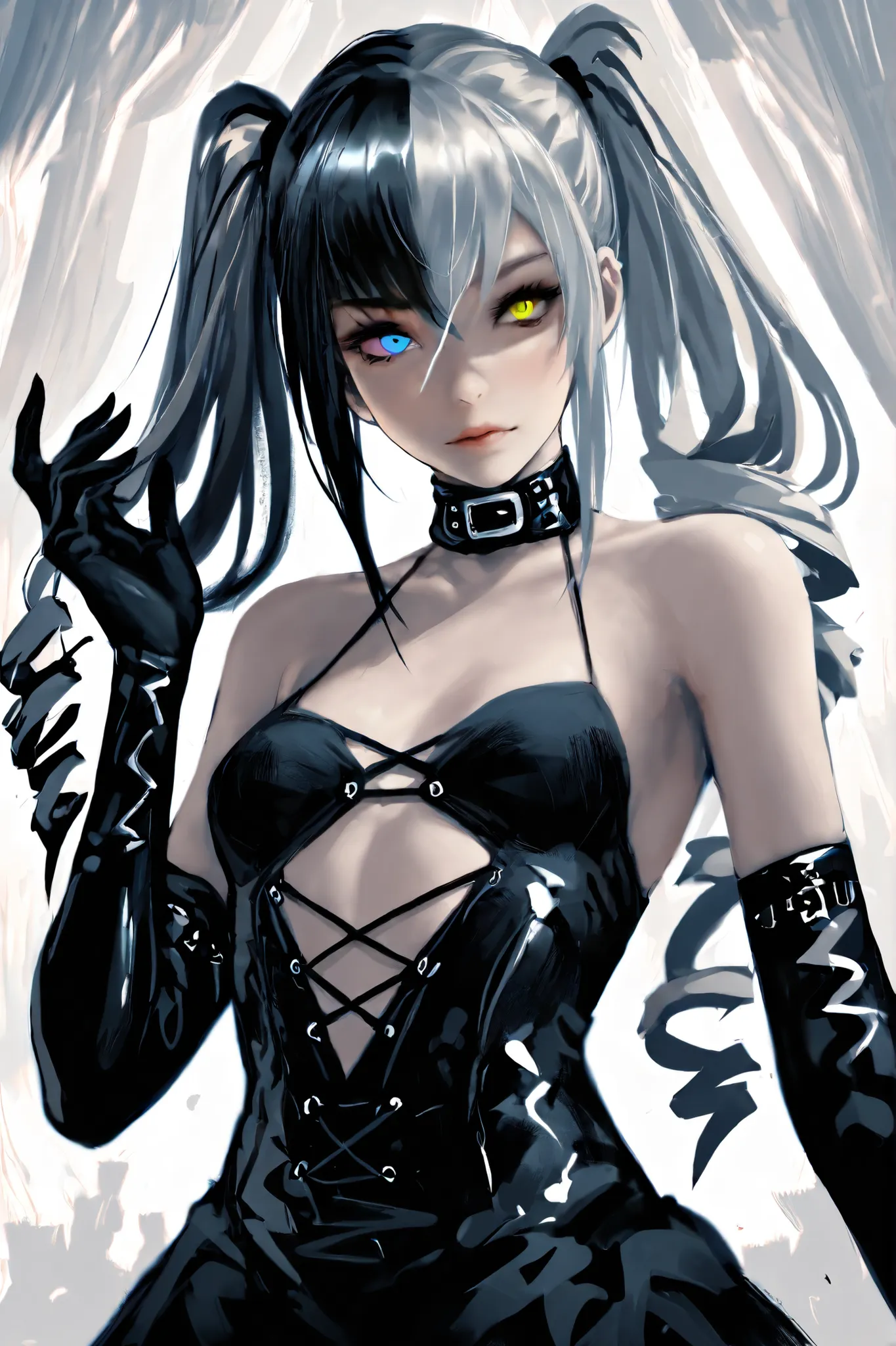 Highest，super masterpiece， high definition， Highest品質,NSFW, super detail， Awards， ，（Spread the upper part of the body），Beautiful maiden， Gray Hair，A bundle of hair，Drill Twin Tails,（（ eyes with heterochromia iris）），droopy eyes，Fair skin，（small breasts），（a ...