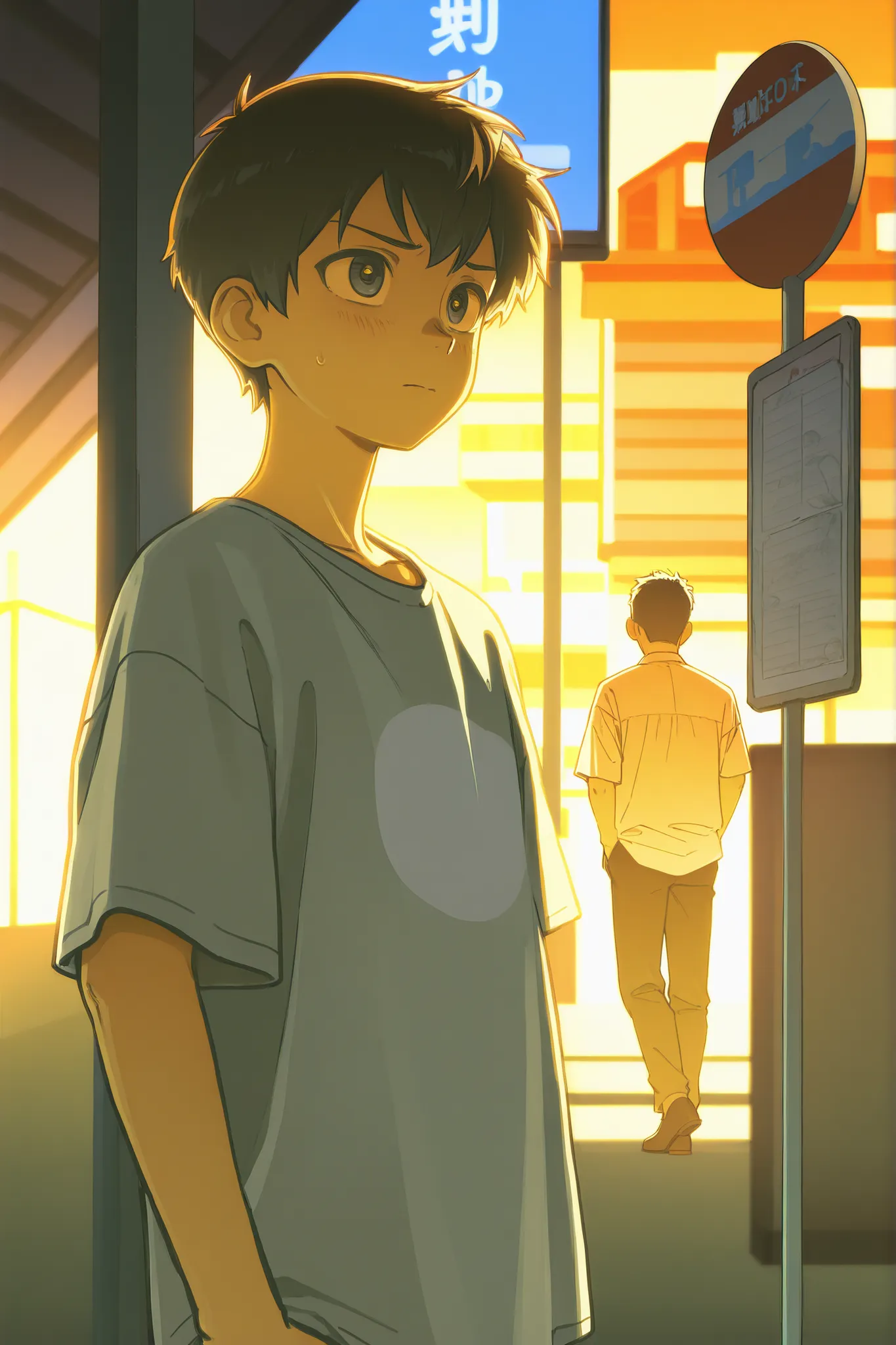 A young man (Ali) in a worn-out shirt, standing at a bus stop in Karachi. Behind him, a faded billboard showing a luxurious apartment. His eyes are determined, clutching a diary with the words *'Pehli Manzil'* scribbled on it. Sunset lighting, dusty atmosp...