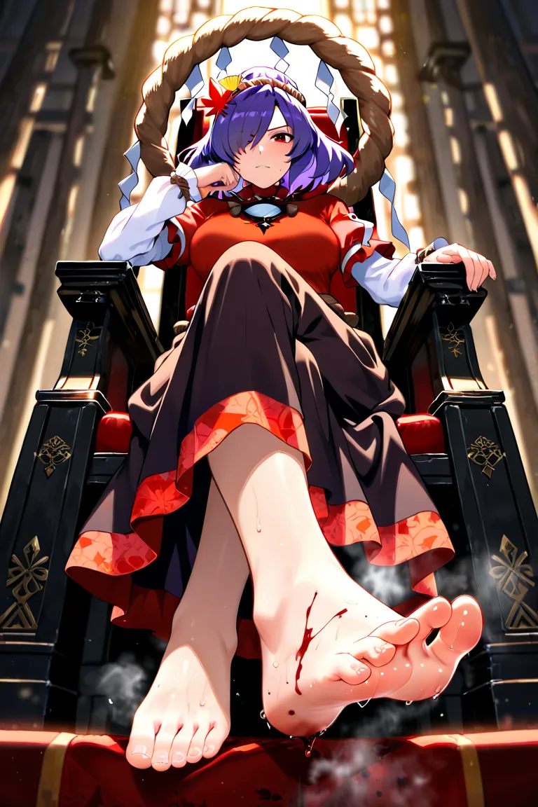 Yasaka kanako,Purple hair, Red eyes, hair over one eye,cinematic lighting , cinematic angle, soft light , color detail, backlighting, Depth of field, long exposure, light steps, intricate colors, vibrant colors, Sit on the throne, barefoot, looking at viewer, Crossing legs, feet focus, from below, stockings Steam coming out of my feet, Sweat on feet,blood stains