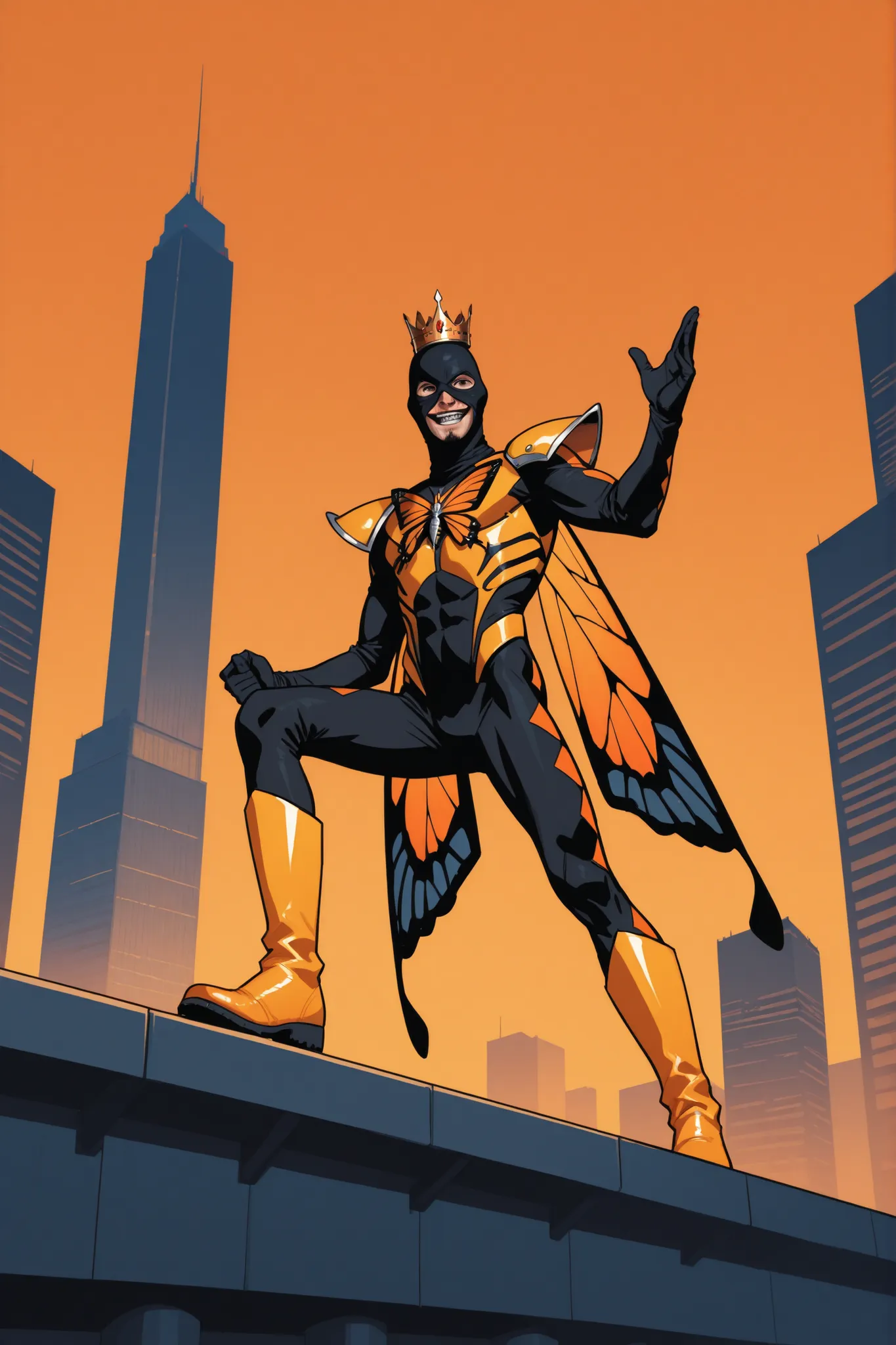 Skinny man with sharp features in orange and black monarch butterfly suit, wearing high boots, with yellow armor, in a fake crown, with a long black goatee, balaclava, thick long eyebrows, proud pose, gloating smile, on the roof of a skyscraper