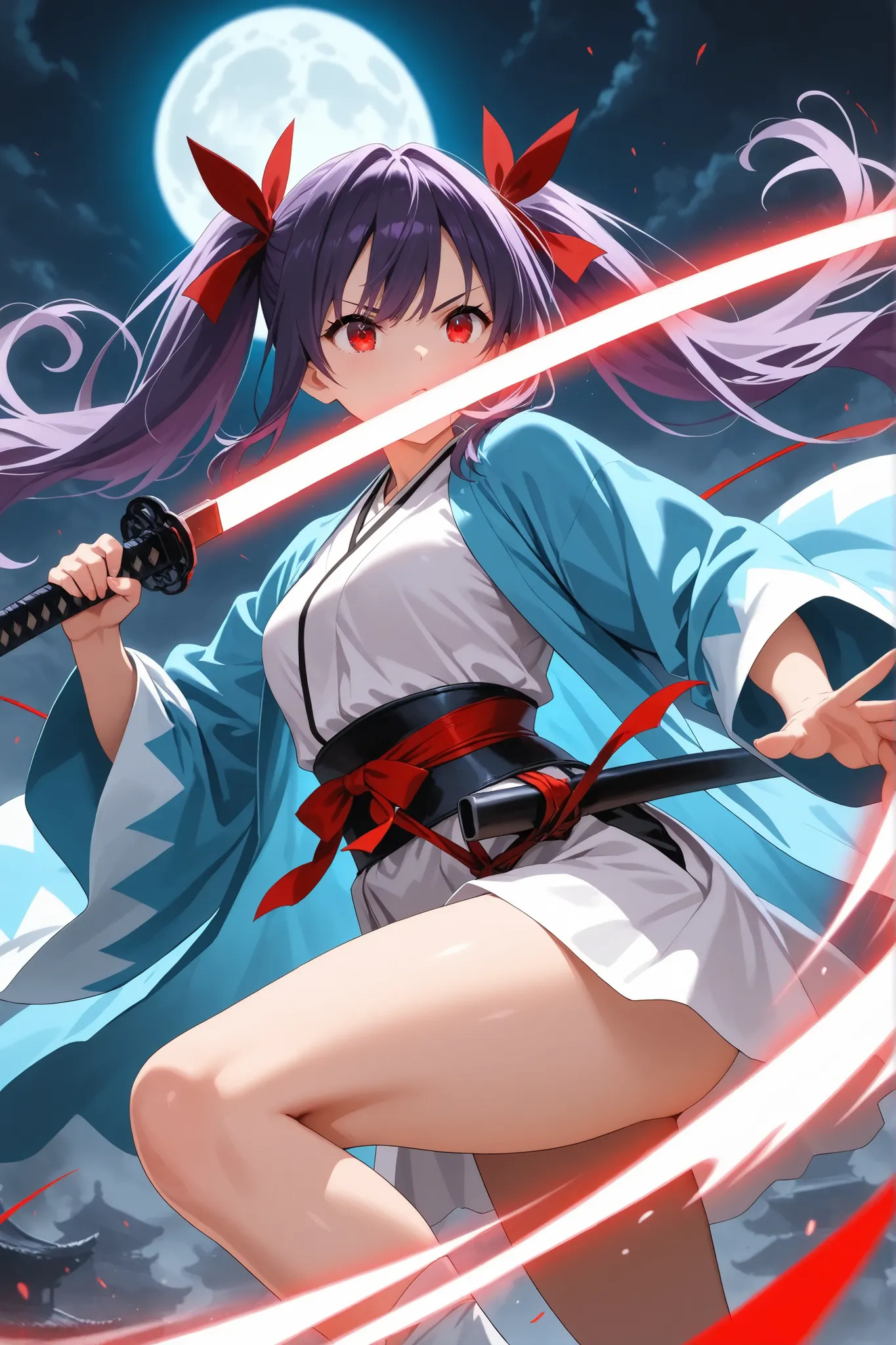 ultra-detailed,8K,illustration,CG,1 cute girl, purple hair,red eyes , twin tails,red ribbon,Shinsengumi clothing
, glowing weapon,fighting stance,Japanese sword,full moon,thighs,slashing