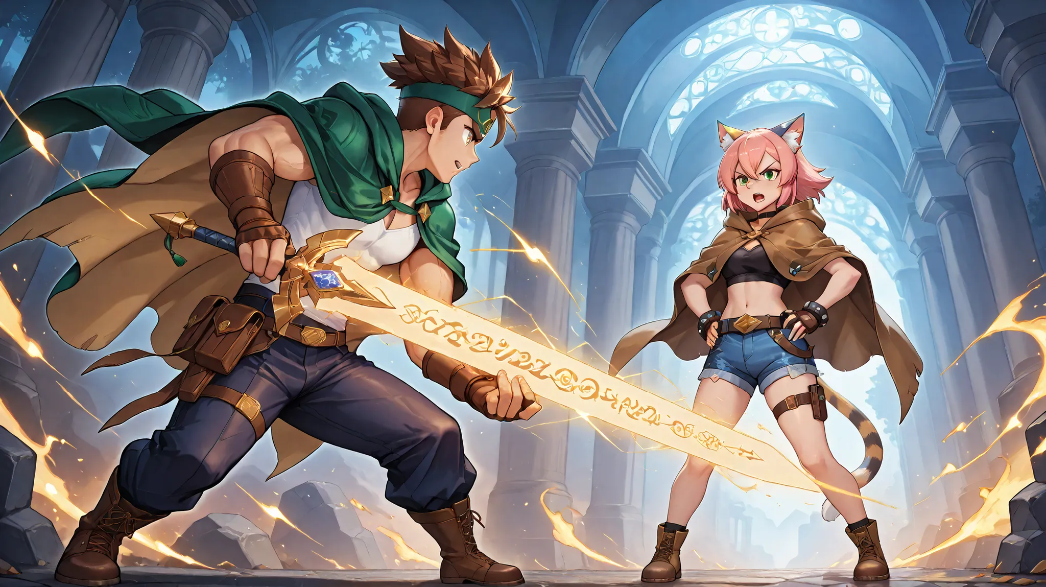 a dramatic battle scene between two anthropomorphic cat warriors, one casting elemental spells with fire and water, wearing a mage's cloak with runes, and the other a wild-haired fighter in leather and denim, slashing through magic with claws and energy, e...