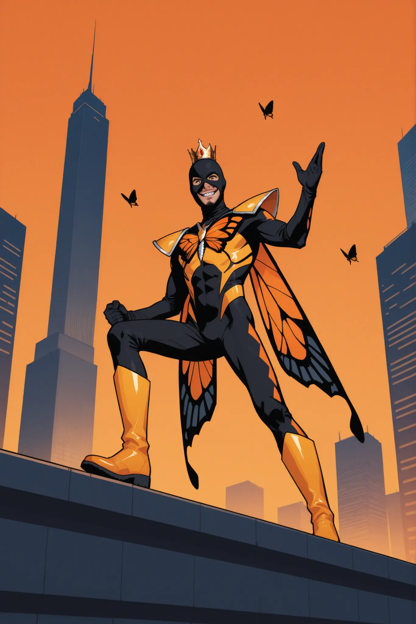Skinny man with sharp features in orange and black monarch butterfly suit, wearing high boots, with yellow armor, in a fake crown, with a long black goatee, balaclava, thick long eyebrows, proud pose, gloating smile, on the roof of a skyscraper