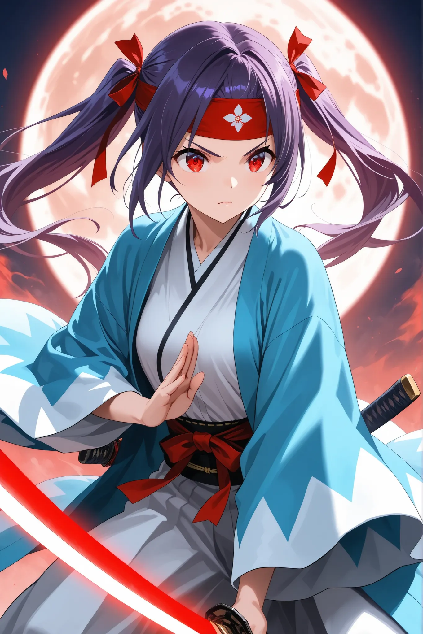 ultra-detailed,8K,illustration,CG,1 cute girl, purple hair,red eyes , twin tails,red ribbon,Shinsengumi clothing
, glowing weapon,fighting stance,Japanese sword,full moon,Shinsengumi Headband