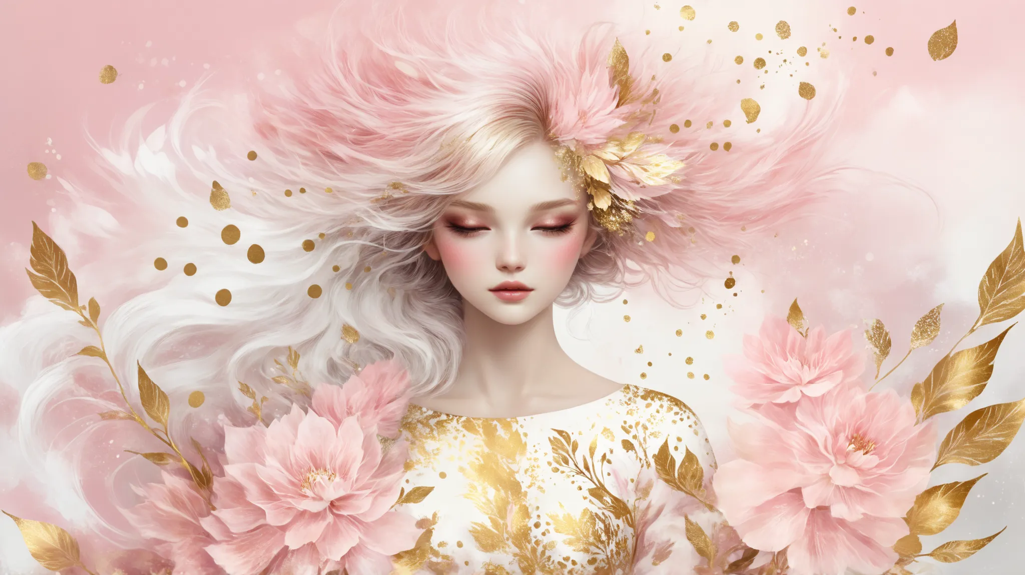 novuschroma style Fluffy magic full body girl fantasy illustration in Novuschroma style with color palette white patterns, pink and gold