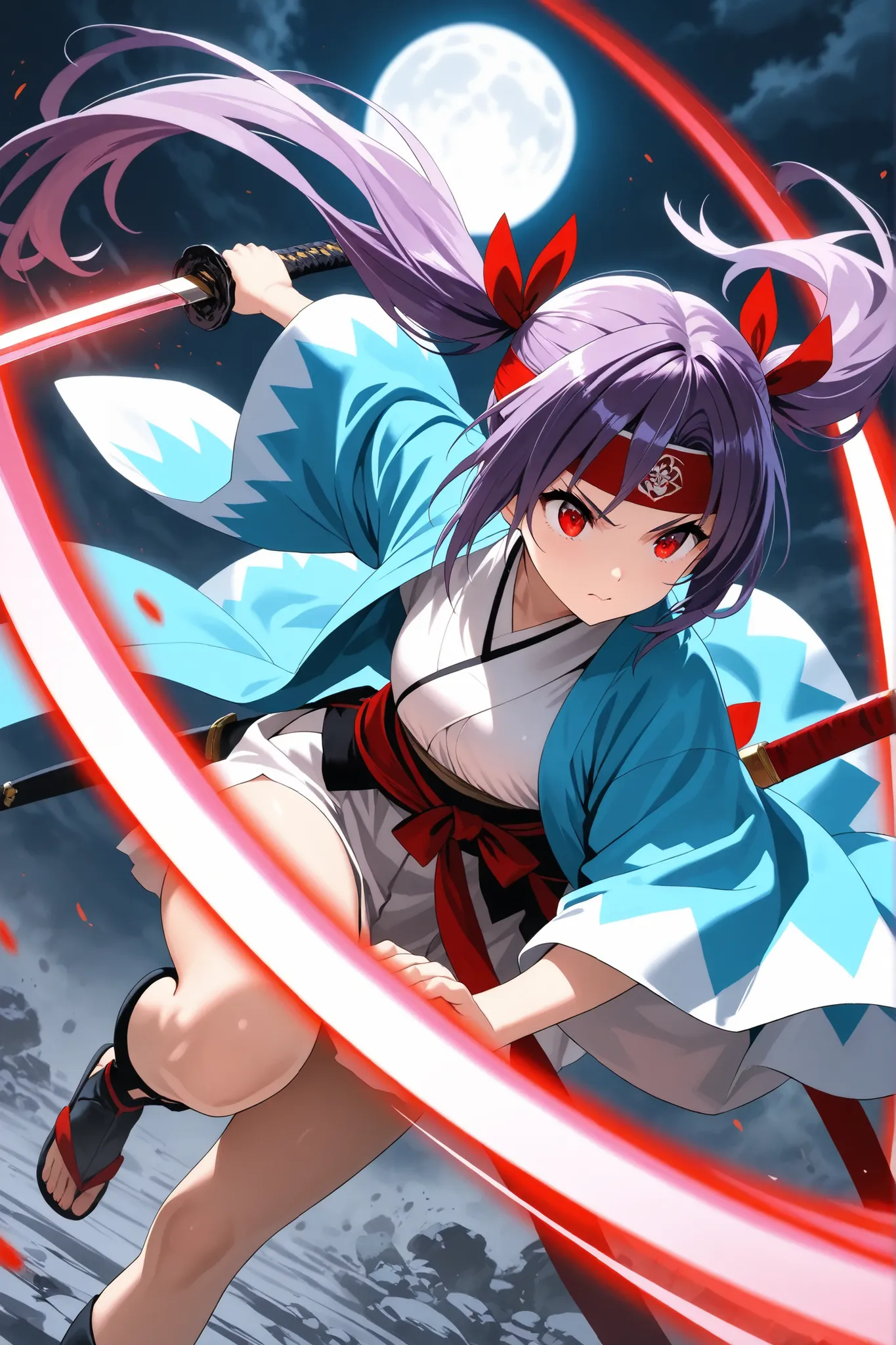 ultra-detailed,8K,illustration,CG,1 cute girl, purple hair,red eyes , twin tails,red ribbon,Shinsengumi clothing
, glowing weapon,fighting stance,Japanese sword,full moon,thighs,slashing,Shinsengumi Headband