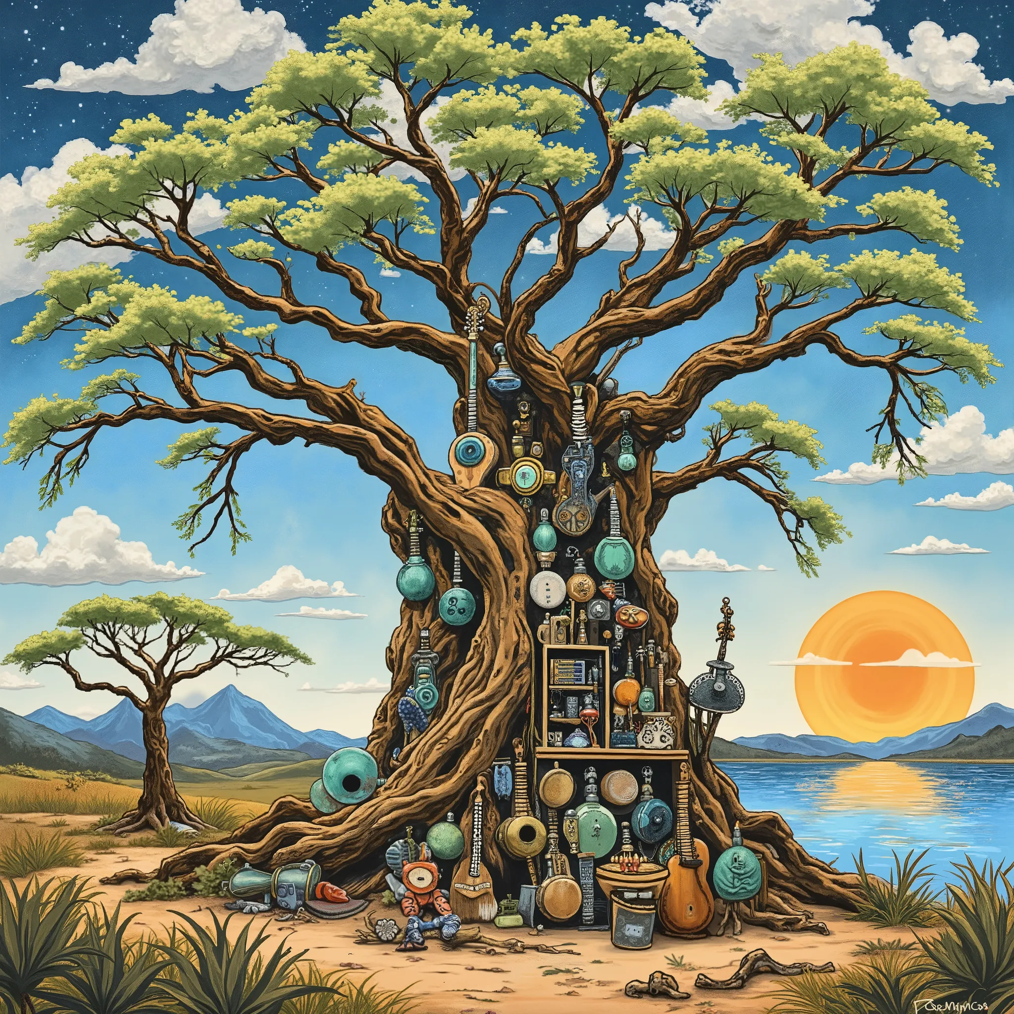 Watercolor Fusion , Acrylic and Collage, Conceptual Installation Art, Looks like they were drawn on the trunk of a giant baobab tree々Folk Instruments, Fun Musical Instrument Store Sounds, Fresh Green Earth, Dazzling Sun , Rainbow Glitter々Effects , Profes...
