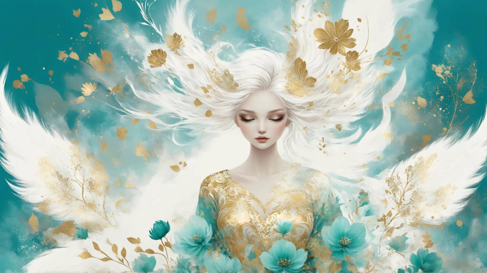novuschroma style Fluffy magic full body girl fantasy illustration in Novuschroma style with color palette white patterns, teal and gold