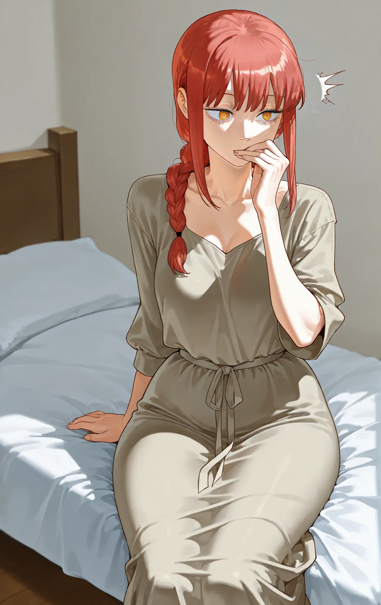High quality, 1 girl, makima ((makima)) from chainsaw man, big hips, she She was wearing a soft, loose brown dress, sitting on a bed, looking to one side, with her mouth open in surprise. 