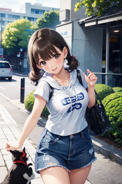 masterpiece , Highest Quality，    cute doodle    ，funny, Excellent, S，Short length， young ，， shape，Curly hair，twin tails，     bright ，     curious eyes     ，Tai Eyebrows，hoodie，white t-shirt，   ULTRA MINI DENIM SKIRT   ，open fly ， sneakers，Sunny day in the rainy season， Hydrangea，Hydrangea flowers，POP ART STYLE PICTURE ，punk，bag，Journey，Playing with cats，，


,、 、、,,，，，，, 、 ， ,   ， 
、、
, ,( masterpiece, best quality, high resolution, ultra high resolution, pixel perfect, depth of field, 4K, RTTX10.0),
、Anegasaki Nene, shiny brown hair, beautiful brown eyes, smiling face, sparkling pupils, (fine grain), , highly detailed face,, (masterpiece:1.2, best quality), ((only1 girl)), ((cowboy shot：1.5))