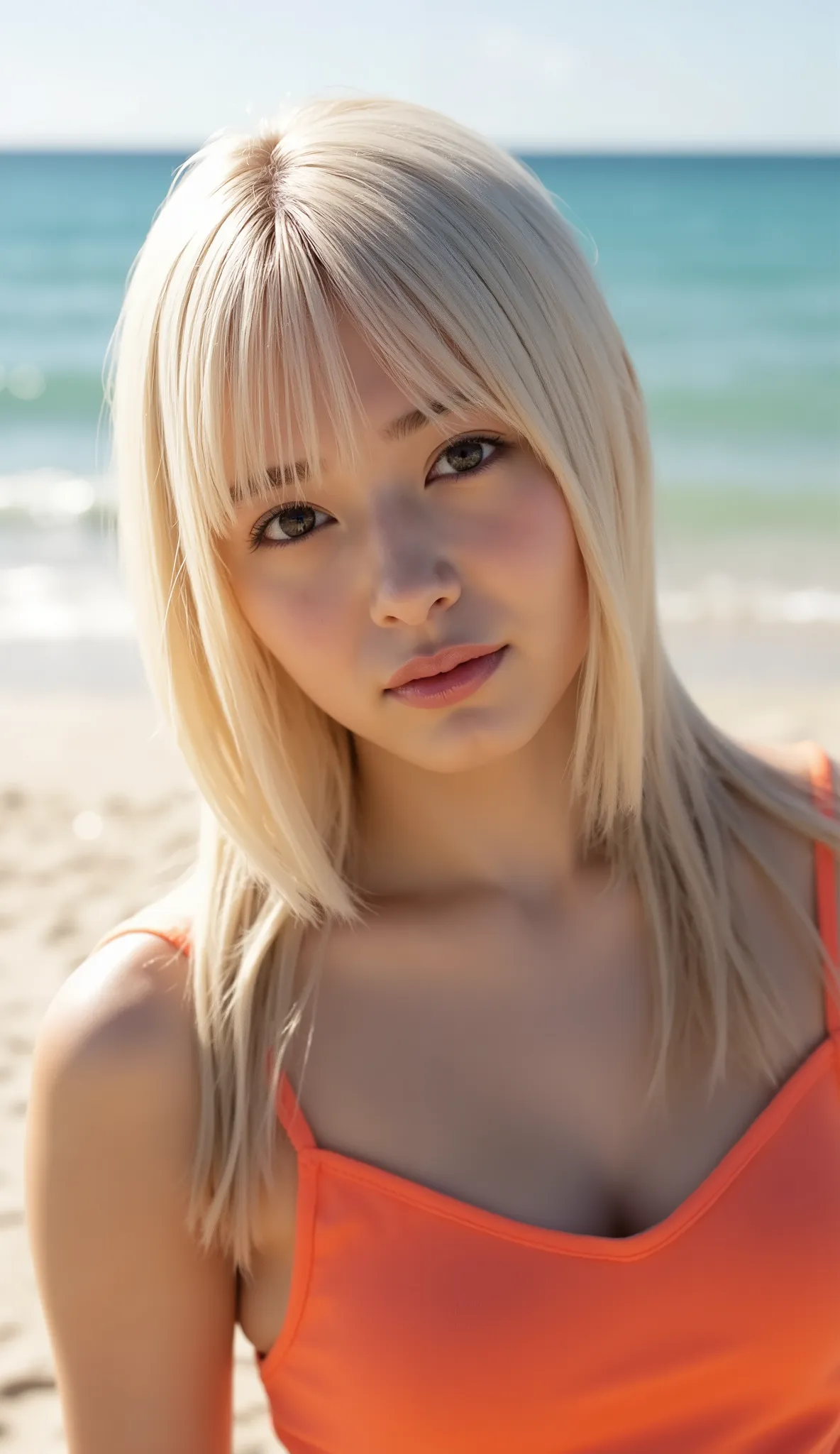 (High resolution 8K),(nsfw:0.3),Bright light illumination, lens flare, sharpness, (masterpiece), (top-quality), The ultra -The high-definition, high resolution, extremely details CG, subject, ((girl in a sandy beach:1.5)), (Photographic Equipment, Strobes,...