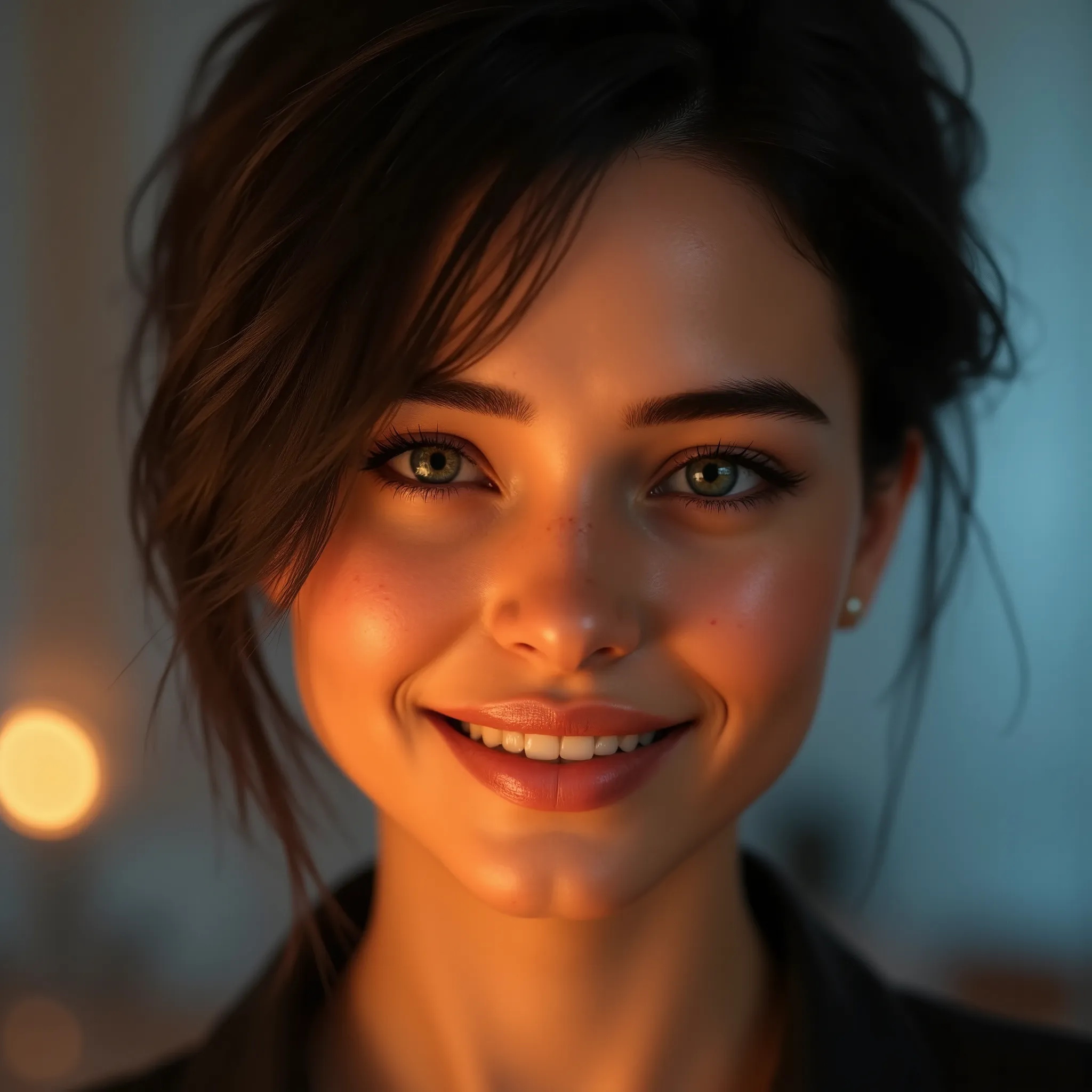 beautiful lady, (freckles), big smile, blue eyes, short hair, dark makeup, hyperrealistic photo, Soft light, front portrait, lid