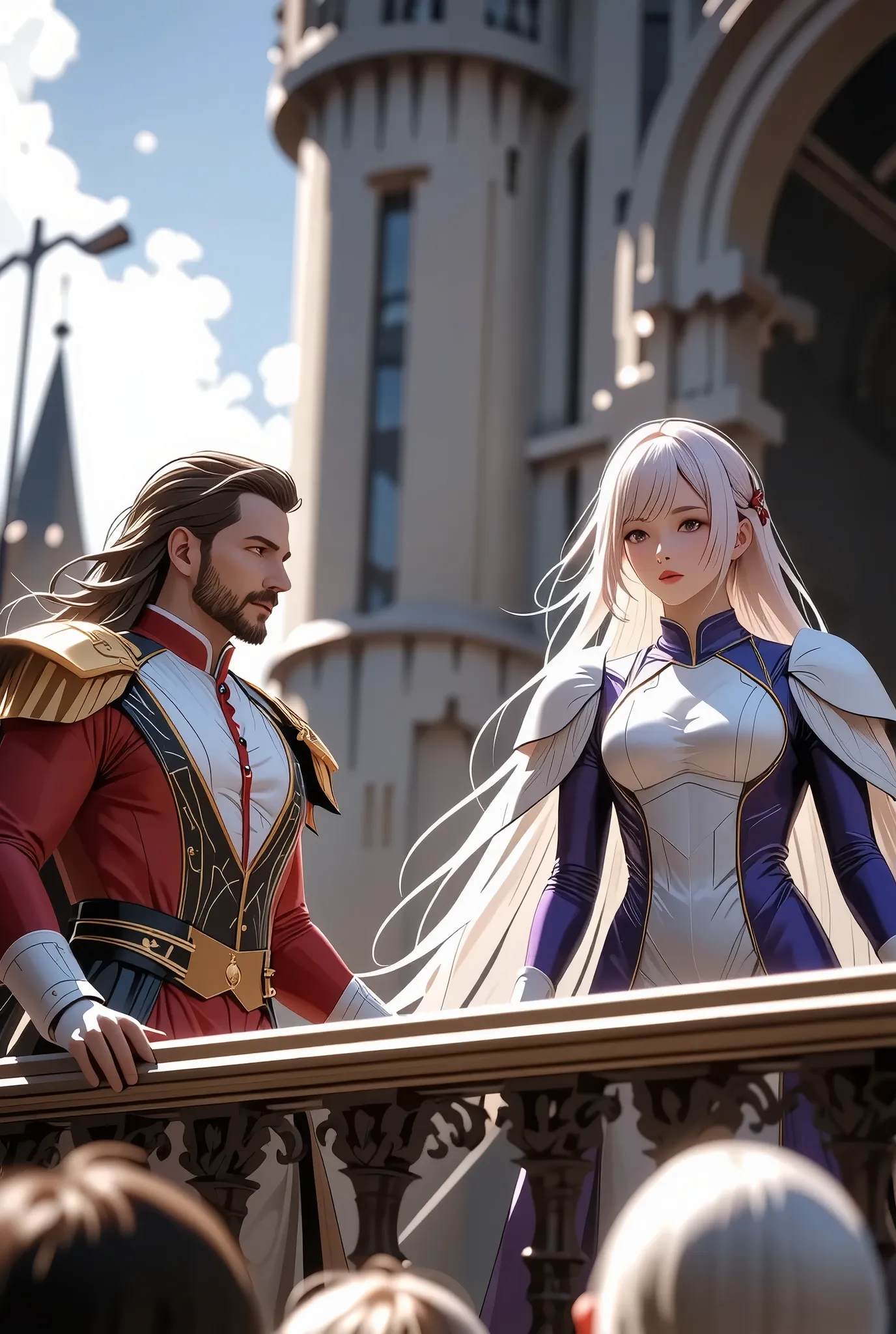 king and queen, A pair of royalty, (Real life mature men, with anime mature women), Royal Costume, Look down at the public from the austere castle balcony, view from below高解像度,4K,8K,masterpiece,ultra-detailed,photorealistic,HDR,UHD,studio lighting,ultra-fi...