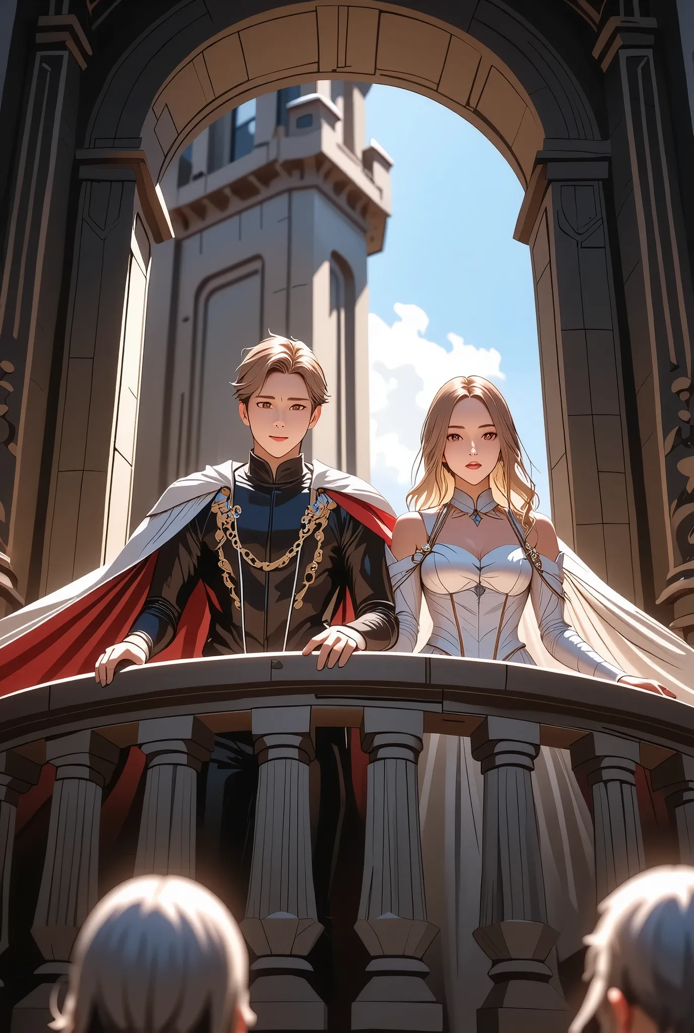 king and queen, A pair of royalty, (Real life mature men, with anime mature women), Royal Costume, Look down at the public from the austere castle balcony, view from below, 