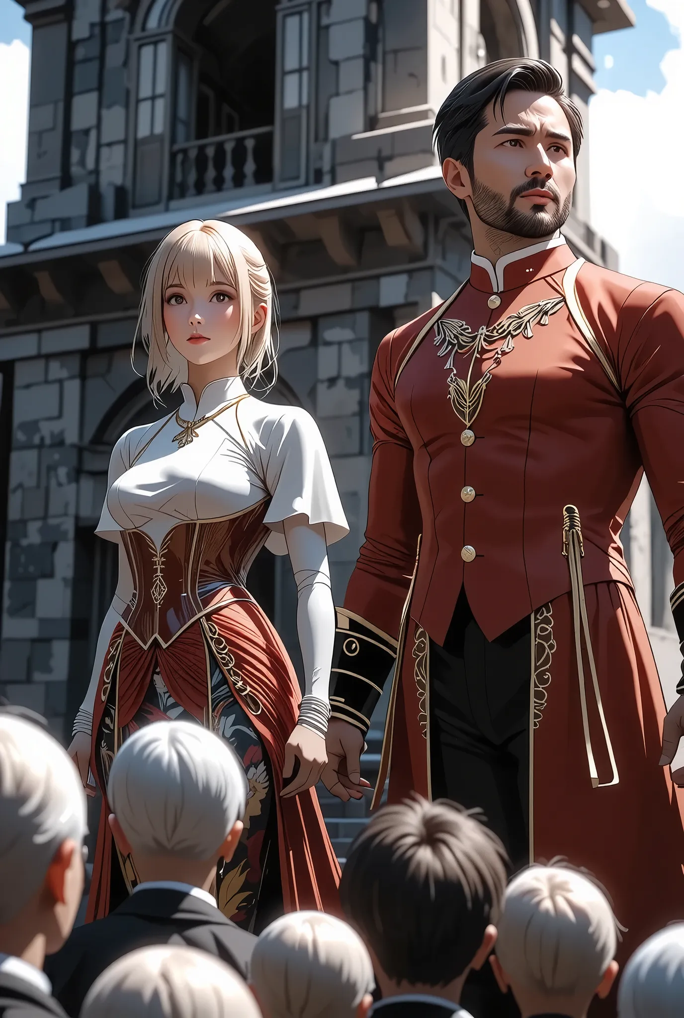 king and queen, A pair of royalty, (Real life mature men, with an animated mature woman), Royal Costume, looking down at the crowd from a strict castle balcony, view from below高解像度,4K,8K,masterpiece,ultra-detailed,photorealistic,HDR,UHD,studio lighting,ult...