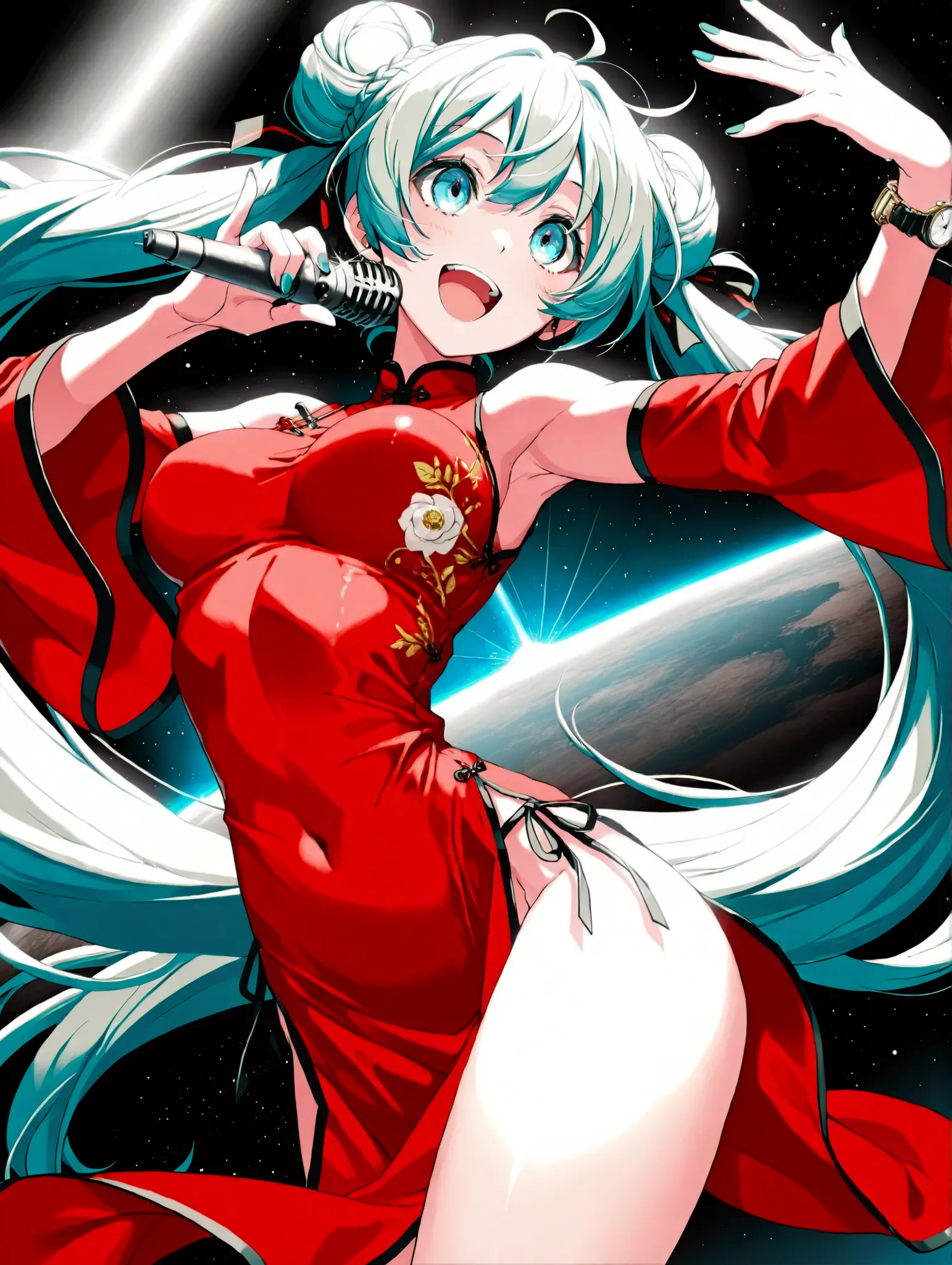 (masterpiece、Highest Quality、Highest Quality、Official Art、beautiful and beautiful:1.2)、(1 girl on break day:1.3)Hatsune Miku、beautiful breasts、Light green bun hair、beautiful breasts, watch viewers, smile,red china dress、open your mouth, blue eyes, , microp...
