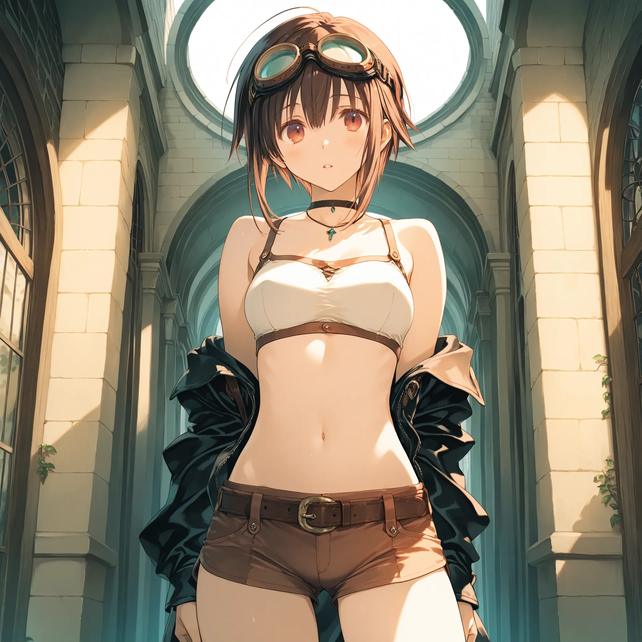 1girl,little female, short hair, fantasy, beautiful detailed eyes, goggles, beautiful breasts, shorts, realistic,(artist:mitsumi_misato),artist:harada_takehito,artist:amazuyu_tatsuki, official_art, best quality, masterpiece, very awa, absurdres, highres,...