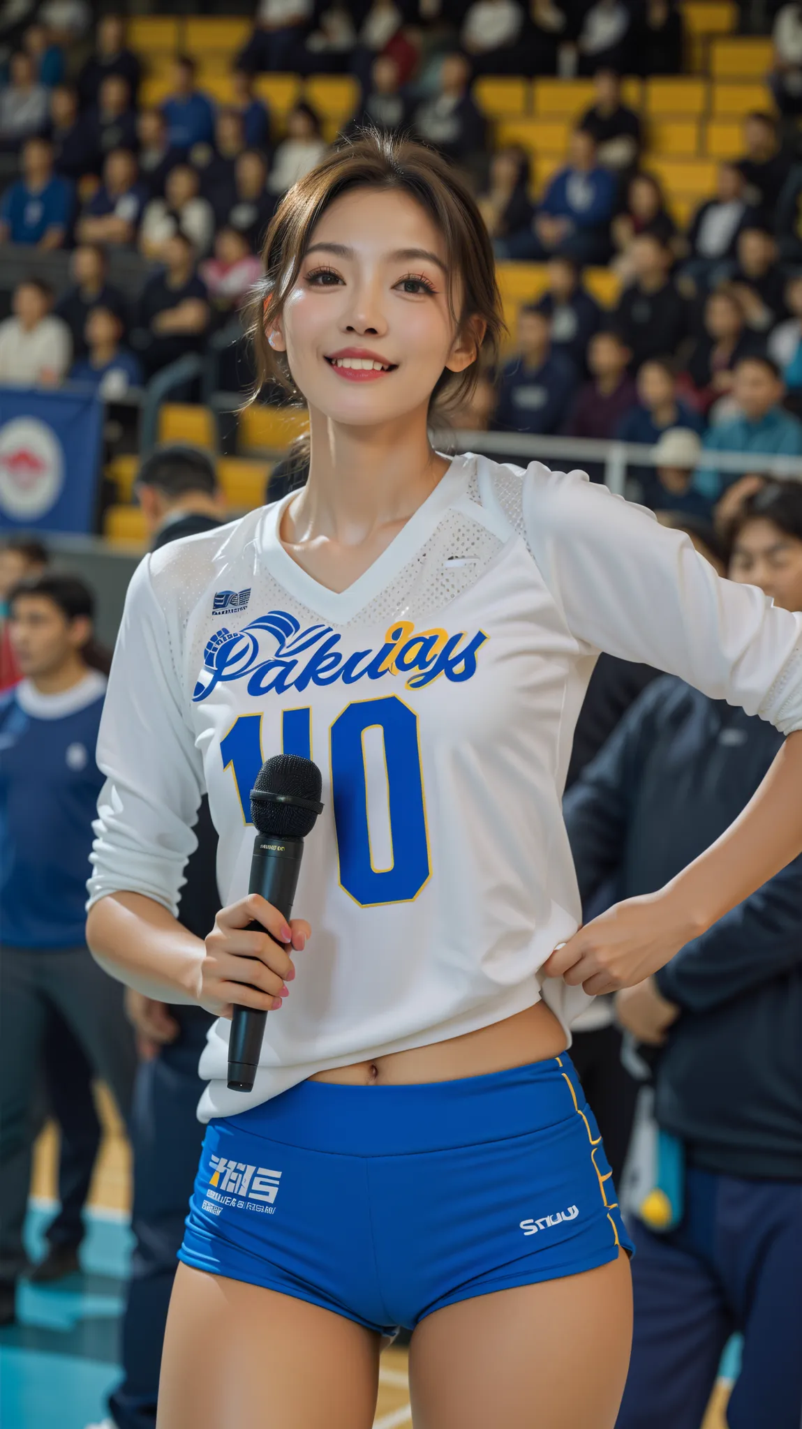 "A tall female volleyball player wearing a white jersey and blue shorts holds a microphone on an indoor court, with a crowd in the background."